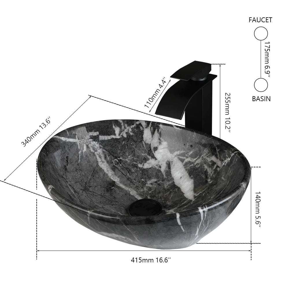 Bathroom, Sink, Vanity Sinks Tops, Vessel Sink, Ceramic Sink Bowl, Waterfall Faucet, Modern, Above Counter, 16 Inch, Black, Marble, White, Gold, Sand