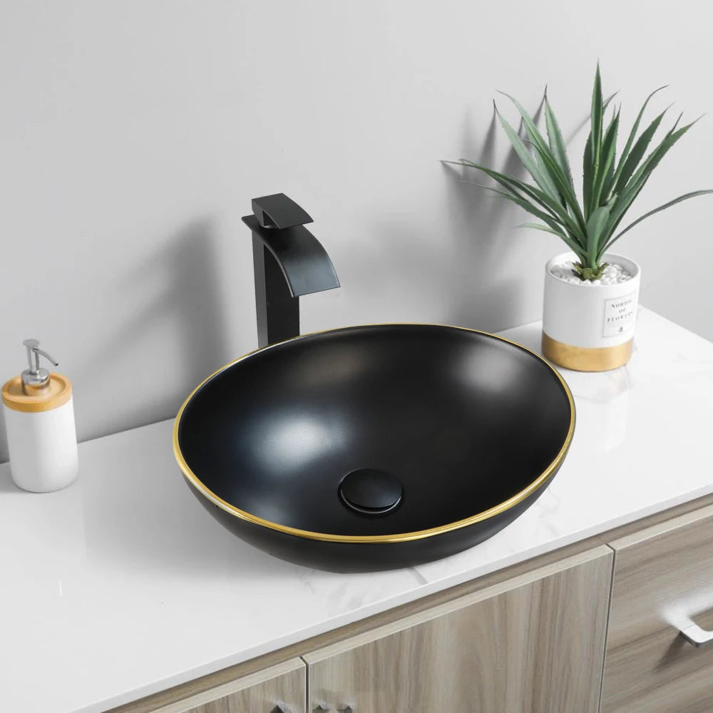 Bathroom, Sink, Vanity Sinks Tops, Vessel Sink, Ceramic Sink Bowl, Waterfall Faucet, Modern, Above Counter, 16 Inch, Black, Marble, White, Gold, Sand