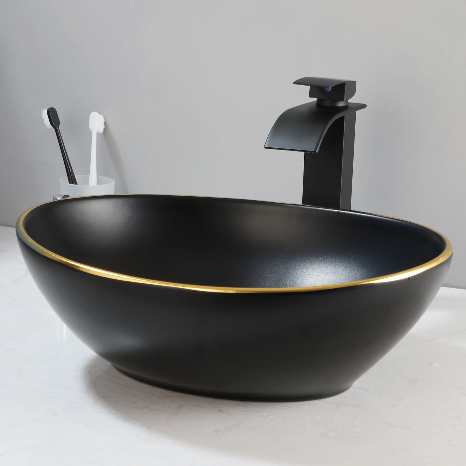 Bathroom, Sink, Vanity Sinks Tops, Vessel Sink, Ceramic Sink Bowl, Waterfall Faucet, Modern, Above Counter, 16 Inch, Black, Marble, White, Gold, Sand