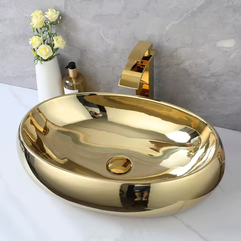 Bathroom Vessel Sink Gold Ceramic Sink Bowl w/ Waterfall Faucet and Drain Combo Modern Vessel Sink Above Counter approx 23 Inchs Gold