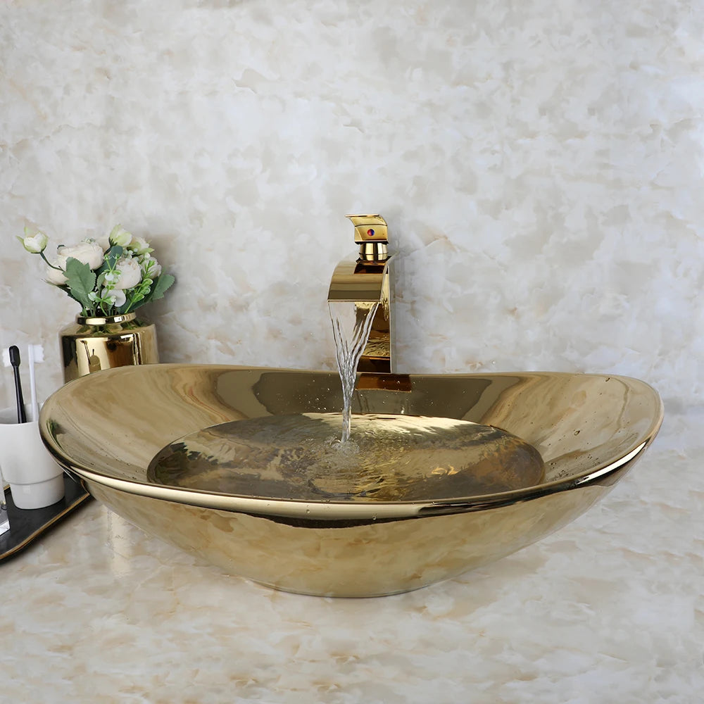 Bathroom, Sink, Vanity Sinks Tops, Vessel Sink, Ceramic Sink Bowl, Waterfall Faucet, Modern, Above Counter, 23 Inch, Gold