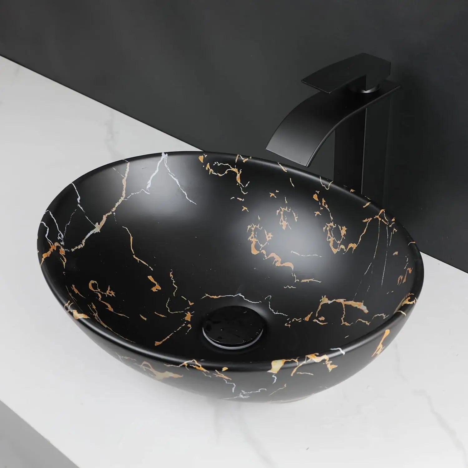 Bathroom, Sink, Vanity Sinks Tops, Vessel Sink, Ceramic Sink Bowl, Waterfall Faucet, Modern, Above Counter, 16 Inch, Black, Marble, White, Gold, Sand