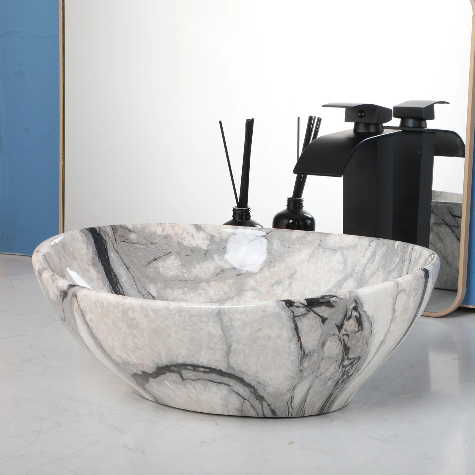 Bathroom, Sink, Vanity Sinks Tops, Vessel Sink, Ceramic Sink Bowl, Waterfall Faucet, Modern, Above Counter, 16 Inch, Black, Marble, White, Gold, Sand