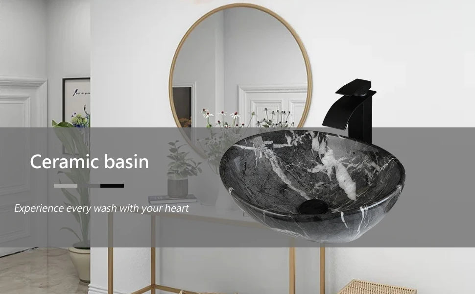 Bathroom, Sink, Vanity Sinks Tops, Vessel Sink, Ceramic Sink Bowl, Waterfall Faucet, Modern, Above Counter, 16 Inch, Black, Marble, White, Gold, Sand