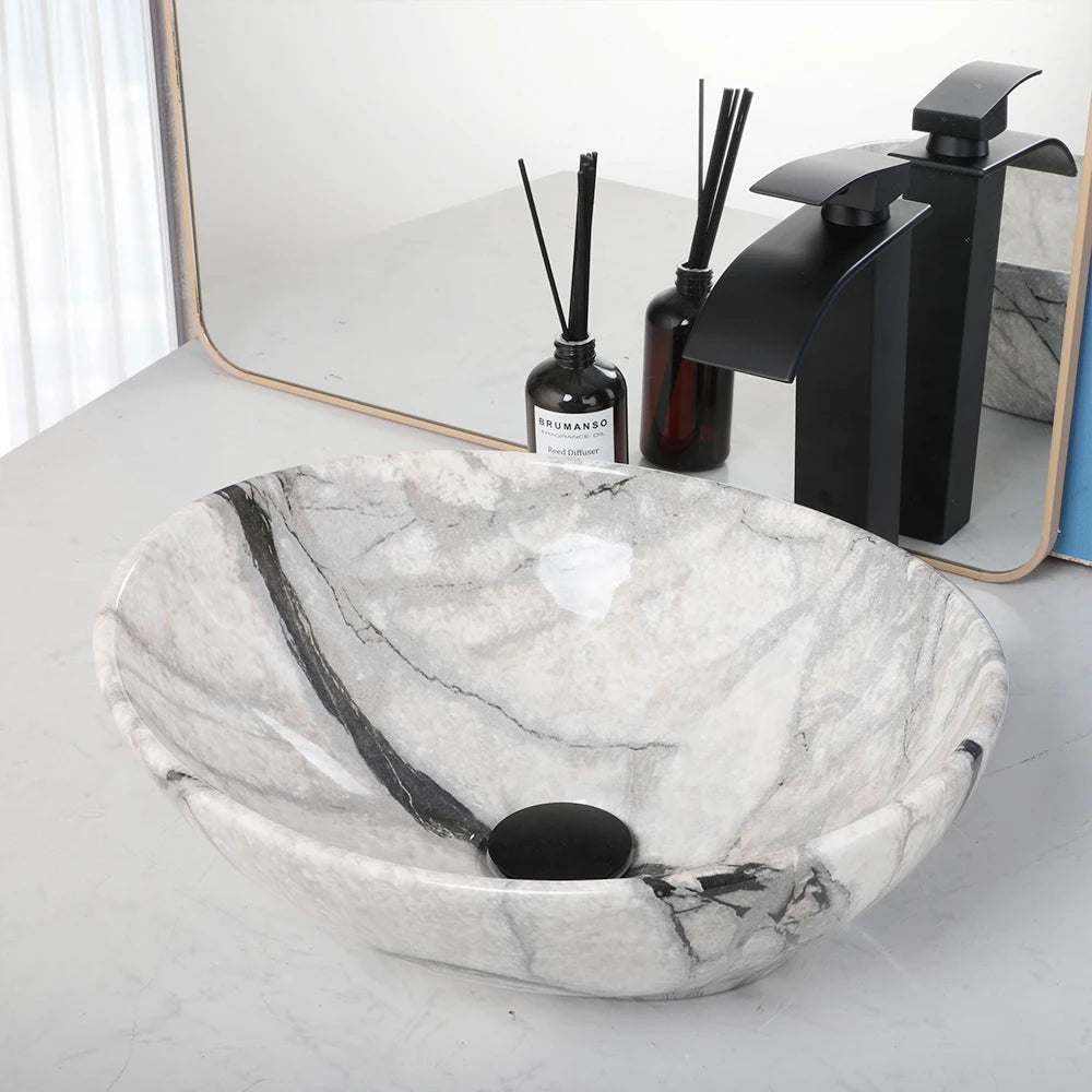 Bathroom, Sink, Vanity Sinks Tops, Vessel Sink, Ceramic Sink Bowl, Waterfall Faucet, Modern, Above Counter, 16 Inch, Black, Marble, White, Gold, Sand