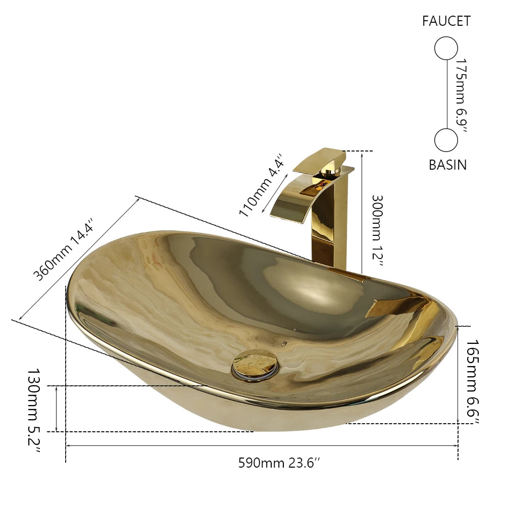 Bathroom, Sink, Vanity Sinks Tops, Vessel Sink, Ceramic Sink Bowl, Waterfall Faucet, Modern, Above Counter, 23 Inch, Gold