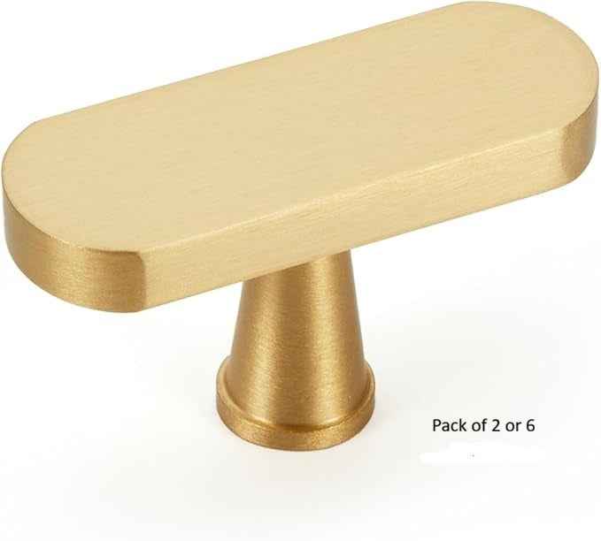 Flat Solid Brass Cabinet Pulls, Gold Kitchen Cabinet Handles, Gold Dresser Drawer Pulls, Modern Furniture Hardware, T-Bar Flat, Single Hole, Brushed Finish (2 or 6 pack) - Luciddepot