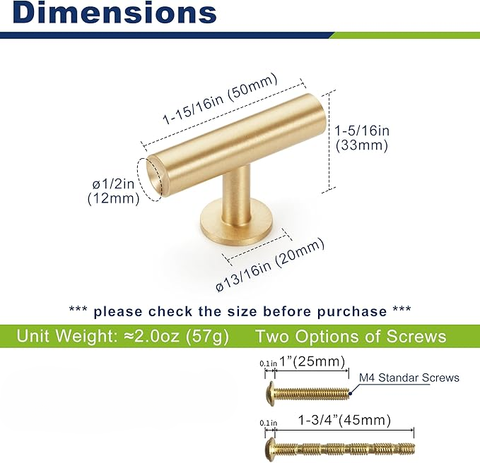 Cylinder Solid Brass Cabinet Pulls, Gold Kitchen Cabinet Handles, Gold Dresser Drawer Pulls, Modern Furniture Hardware, T-Bar Flat, Single Hole, Brushed Finish (2 or 6 pack) - Luciddepot