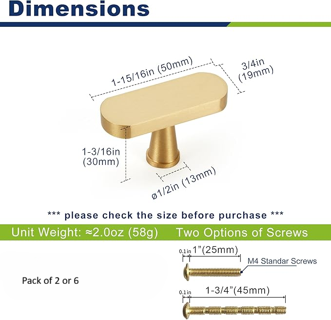 Flat Solid Brass Cabinet Pulls, Gold Kitchen Cabinet Handles, Gold Dresser Drawer Pulls, Modern Furniture Hardware, T-Bar Flat, Single Hole, Brushed Finish (2 or 6 pack) - Luciddepot