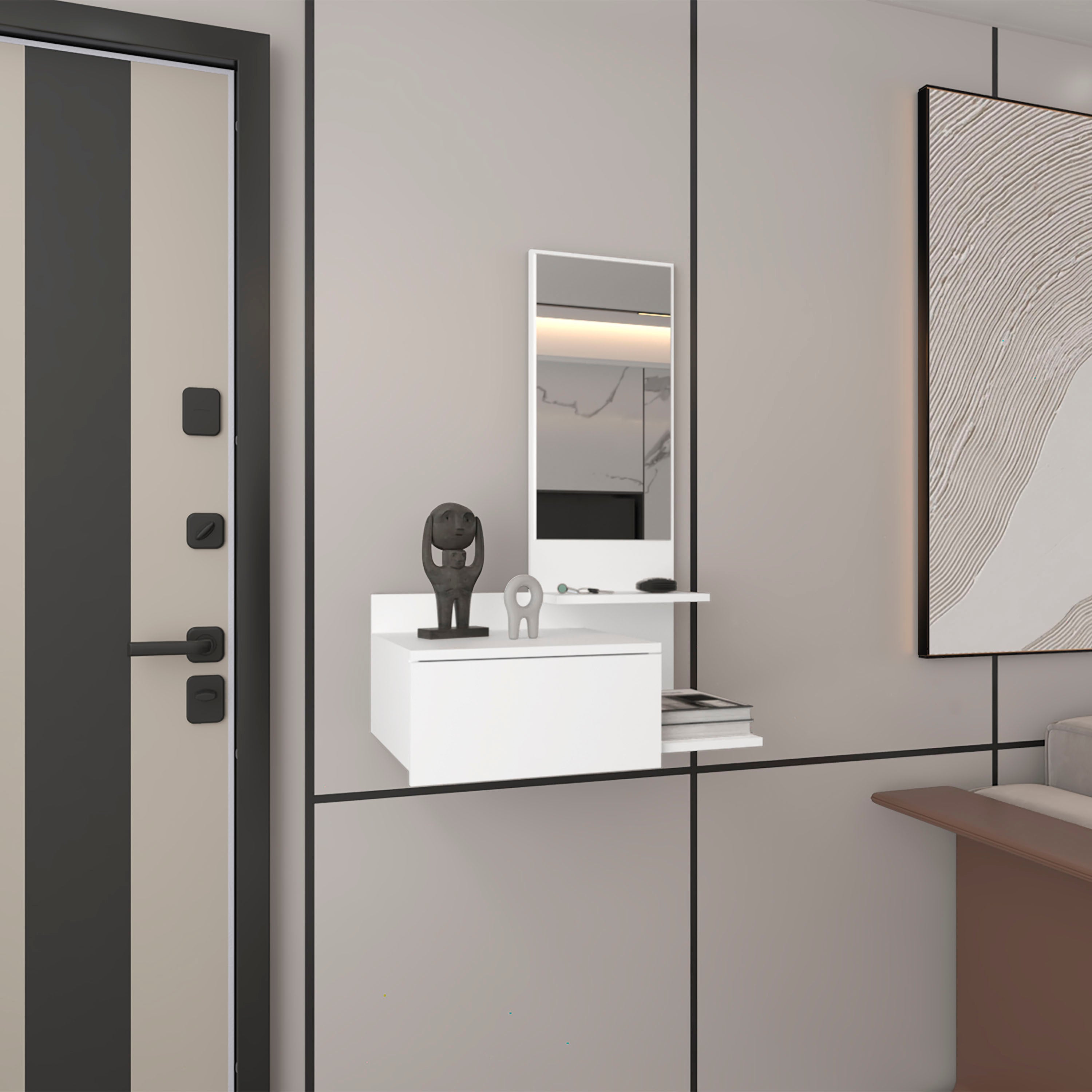 Sitka Floating Hallway Cabinet, 1 Drawer, 3 Shelves, 1 Mirror, White - Luciddepo