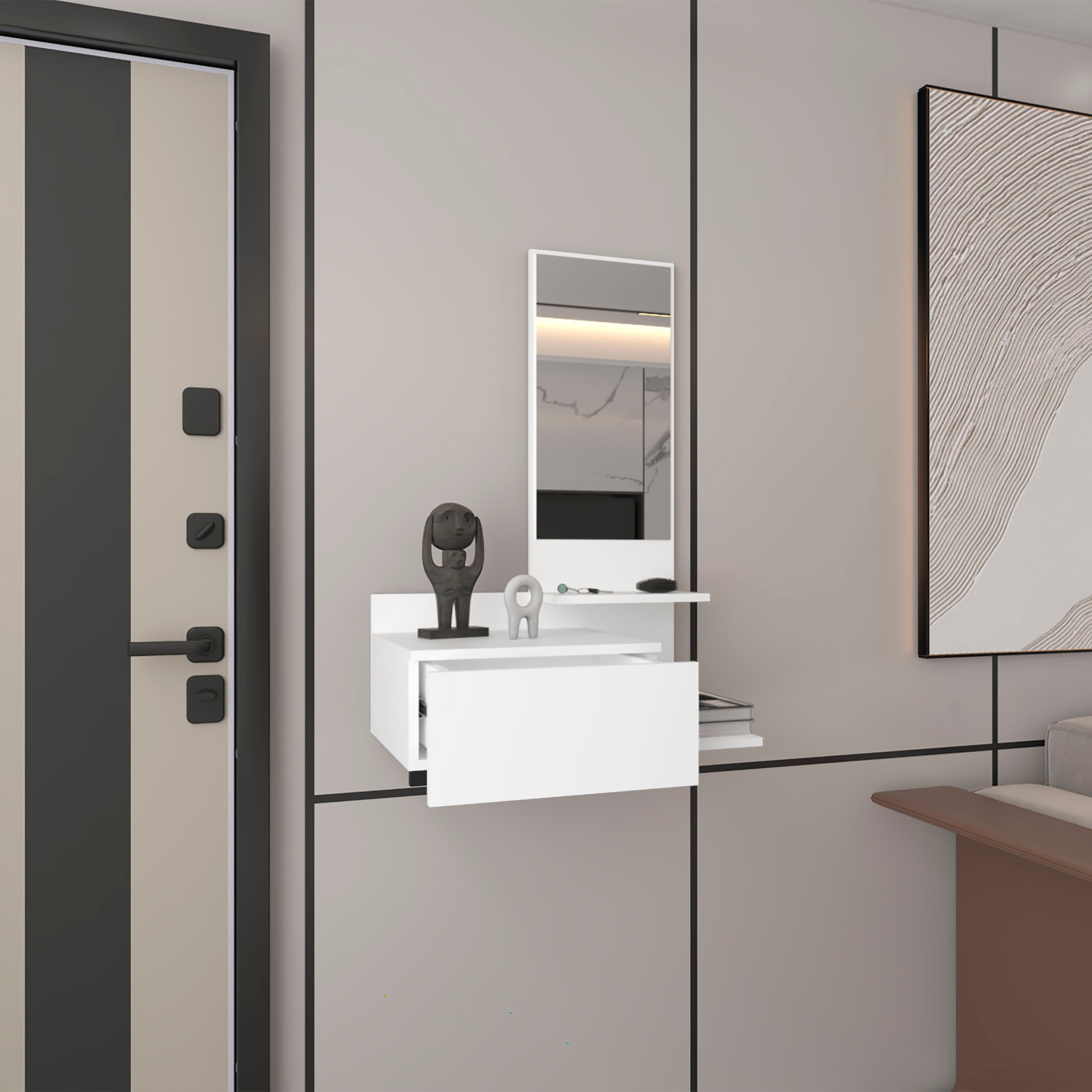 Sitka Floating Hallway Cabinet, 1 Drawer, 3 Shelves, 1 Mirror, White - Luciddepo