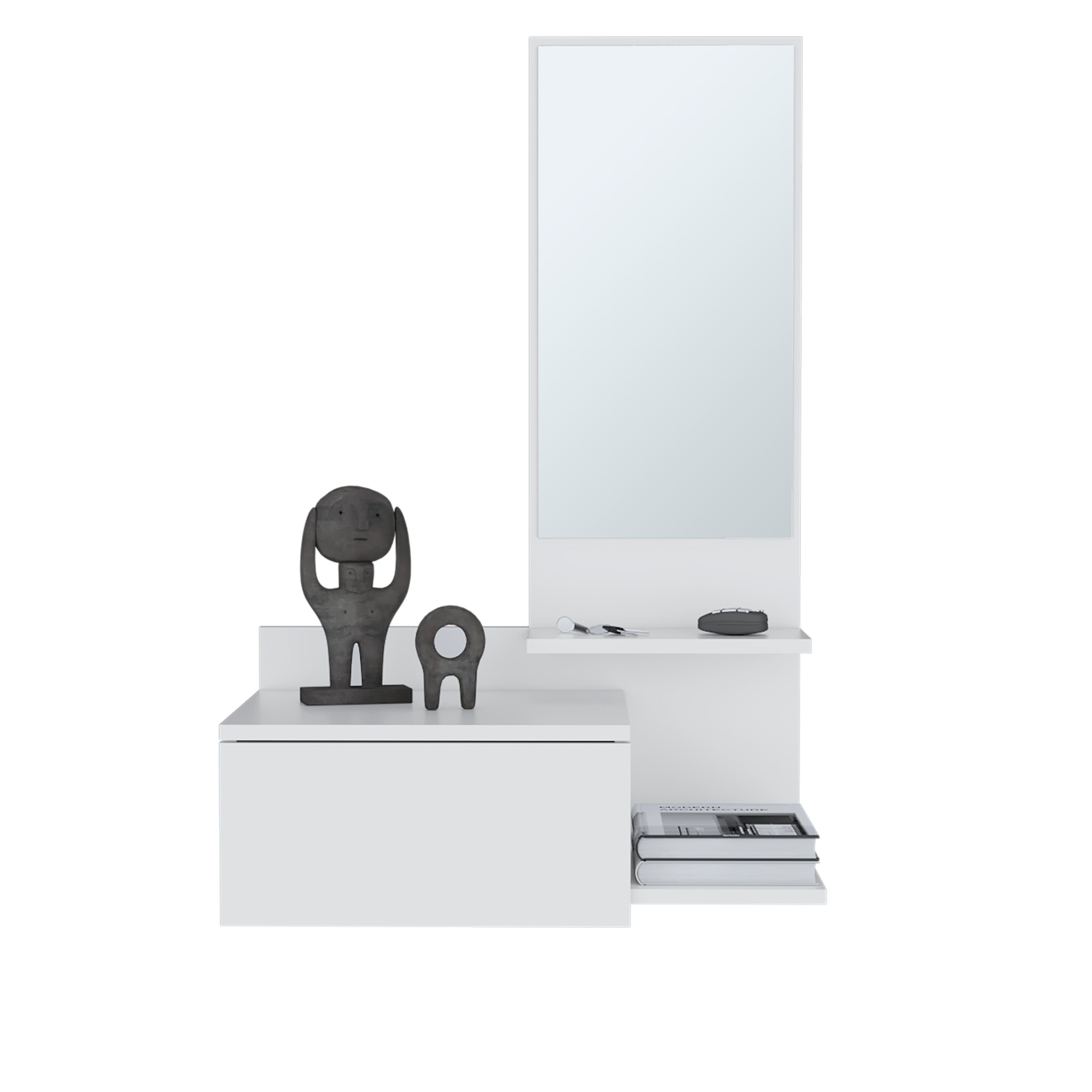 Sitka Floating Hallway Cabinet, 1 Drawer, 3 Shelves, 1 Mirror, White - Luciddepo