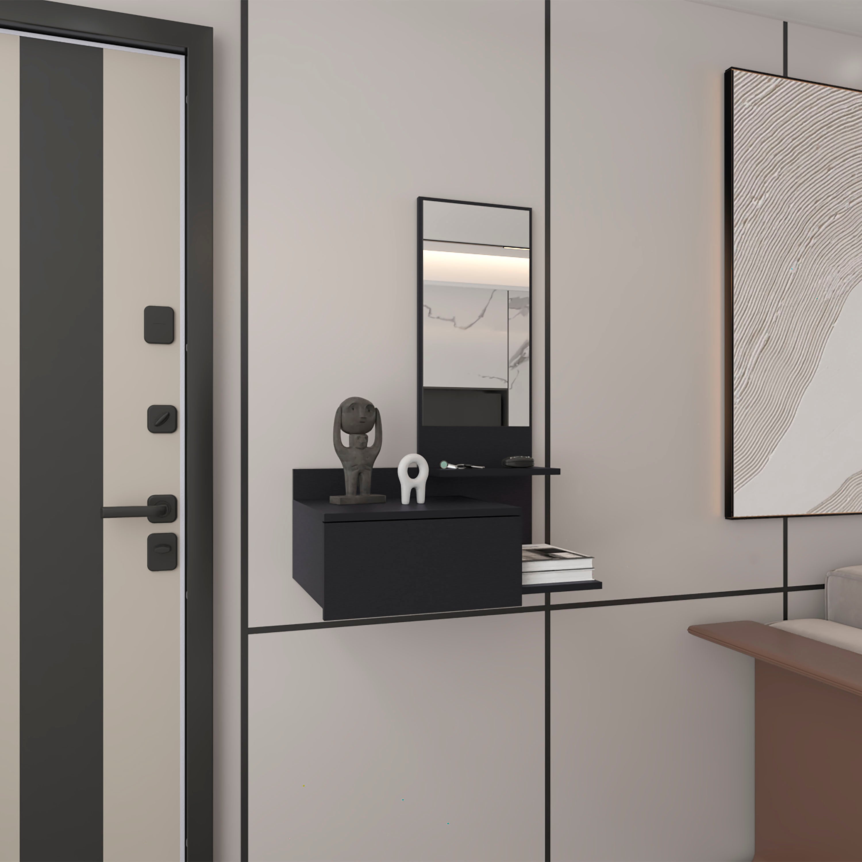 Sitka Floating Hallway Cabinet, 1 Drawer, 3 Shelves, 1 Mirror, Black - Luciddepo