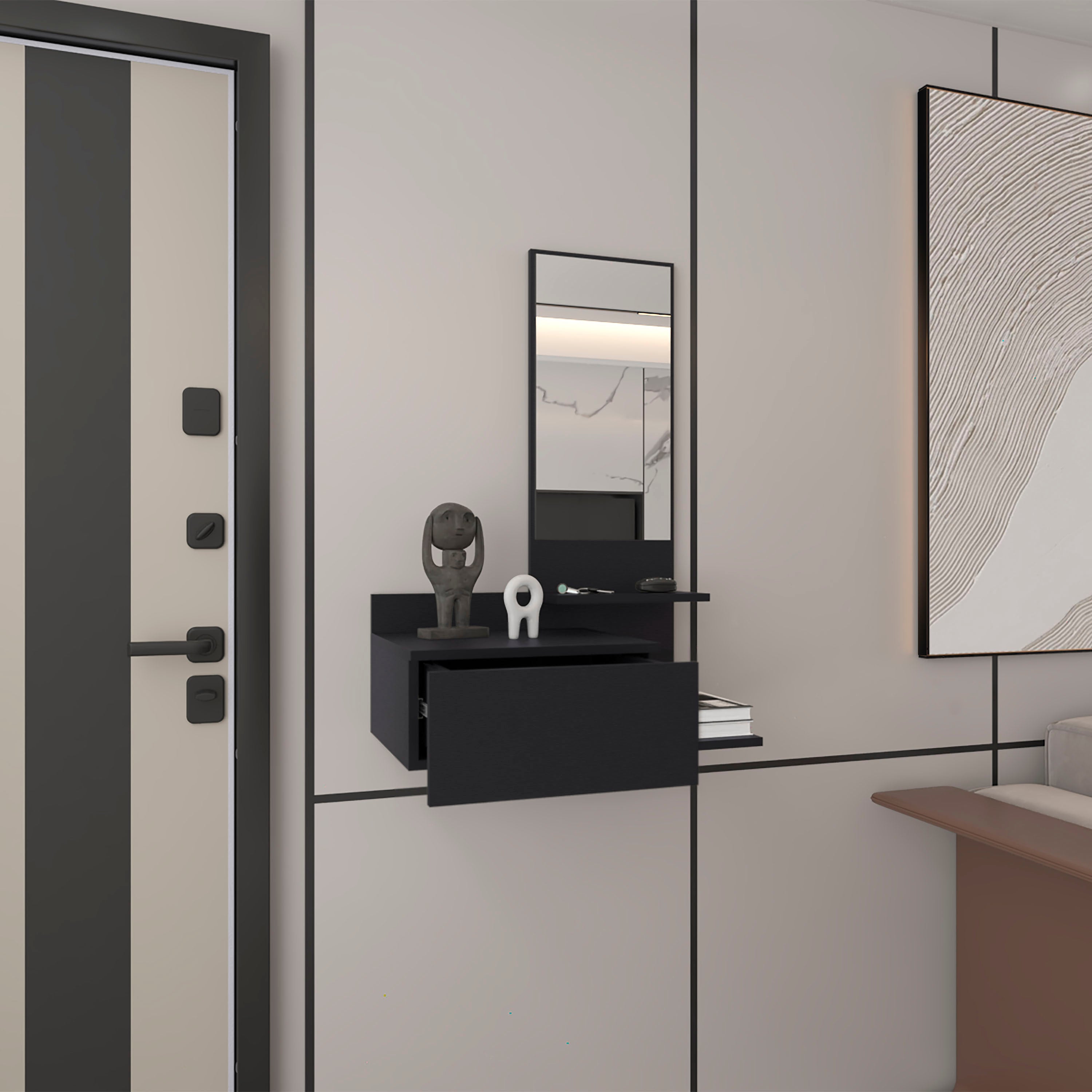 Sitka Floating Hallway Cabinet, 1 Drawer, 3 Shelves, 1 Mirror, Black - Luciddepo