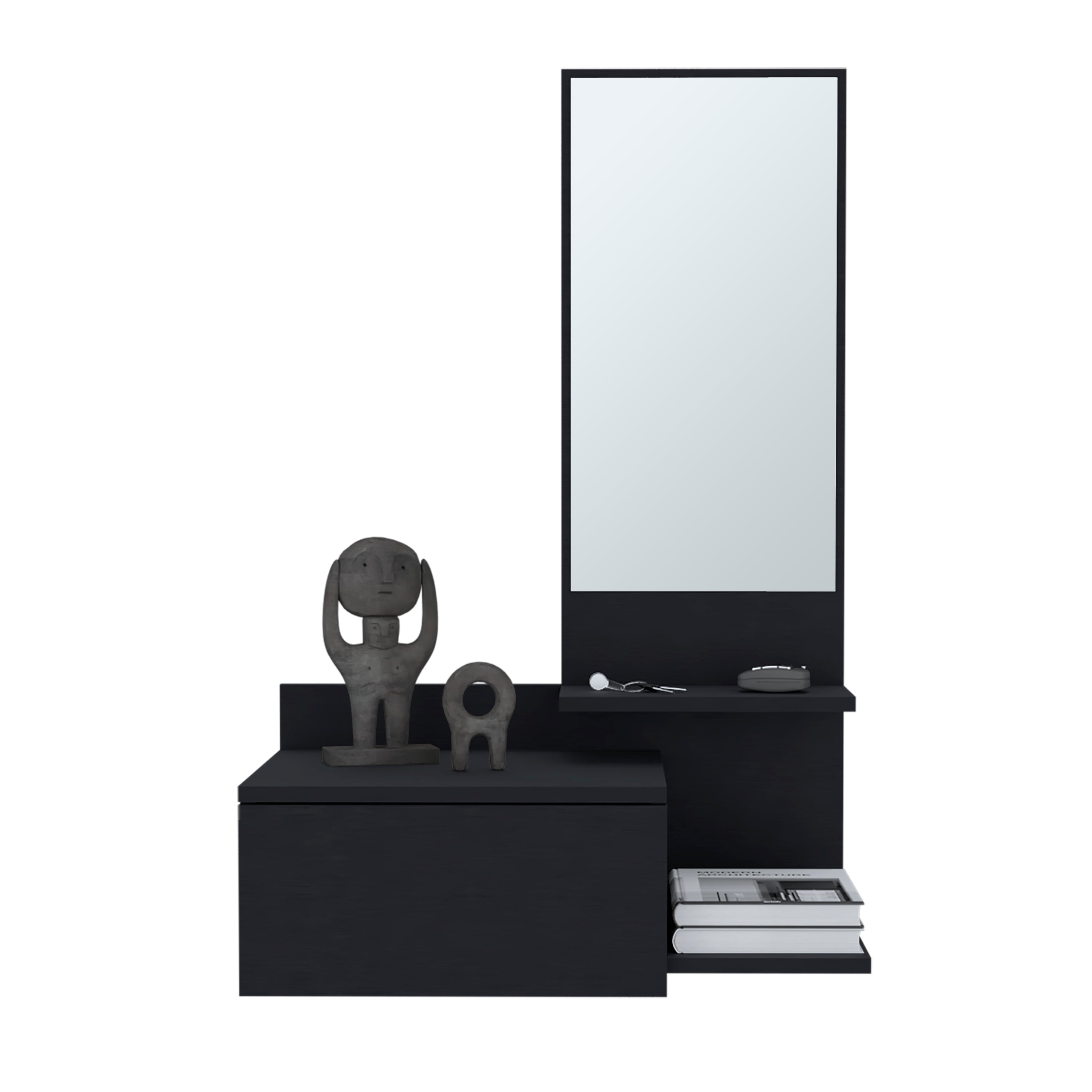 Sitka Floating Hallway Cabinet, 1 Drawer, 3 Shelves, 1 Mirror, Black - Luciddepo