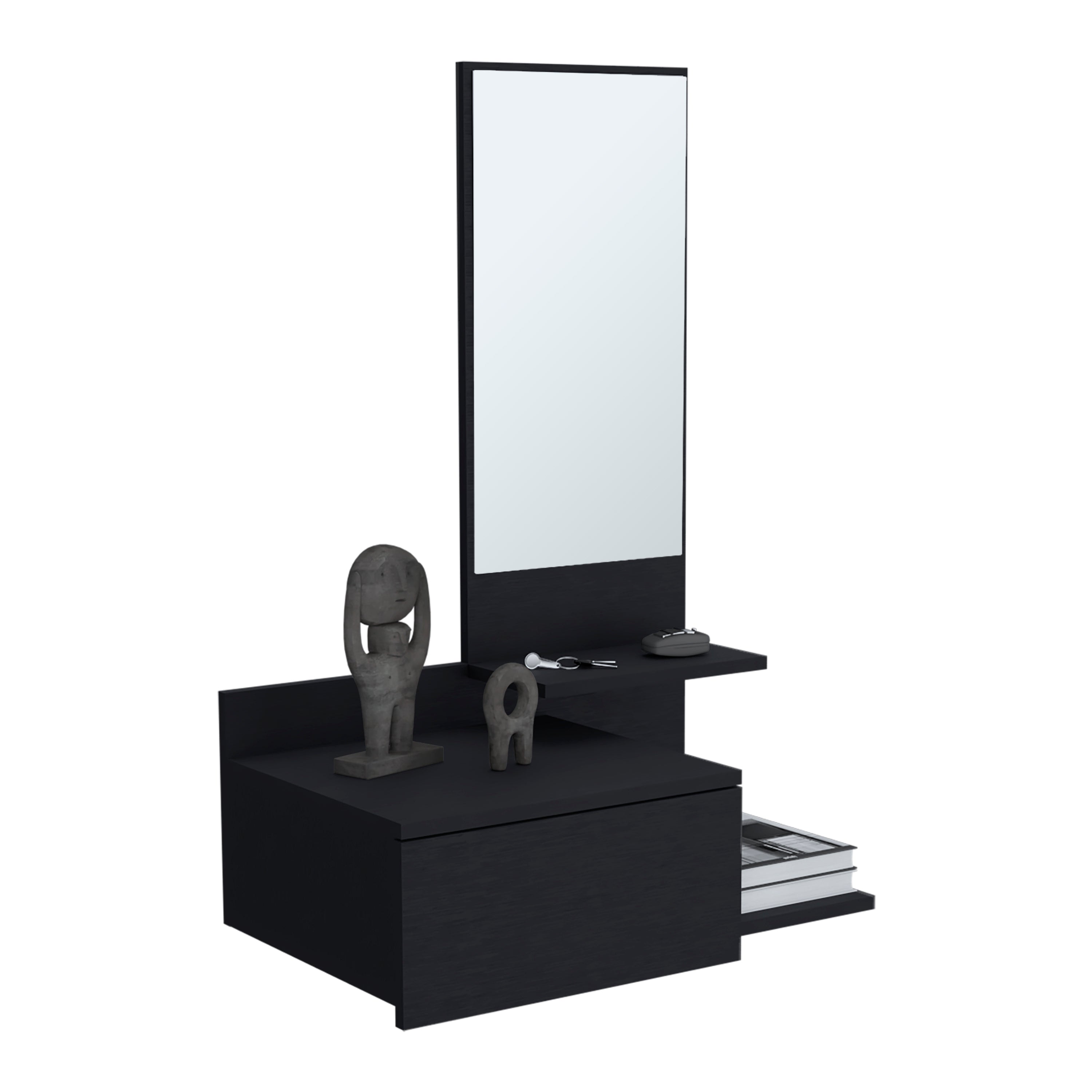 Sitka Floating Hallway Cabinet, 1 Drawer, 3 Shelves, 1 Mirror, Black - Luciddepo