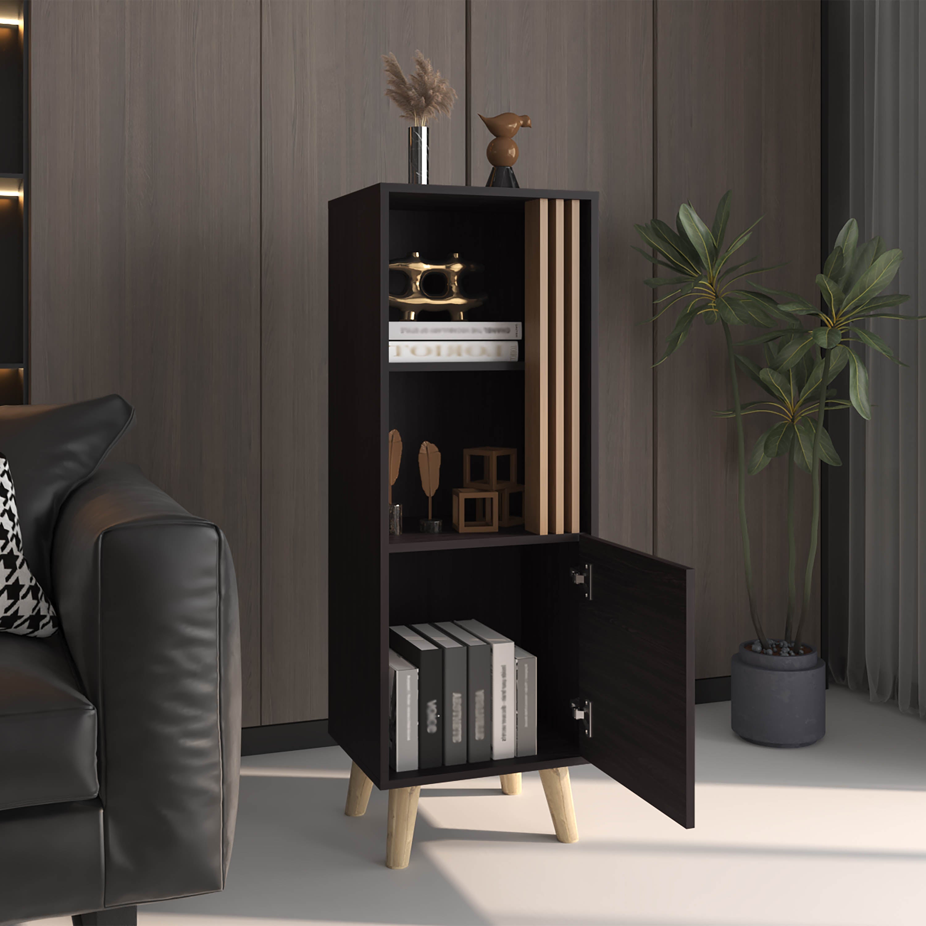 Orrin Storage Cabinet, 1 Door, 2 Shelves, Black / Natural Oak - Luciddepo