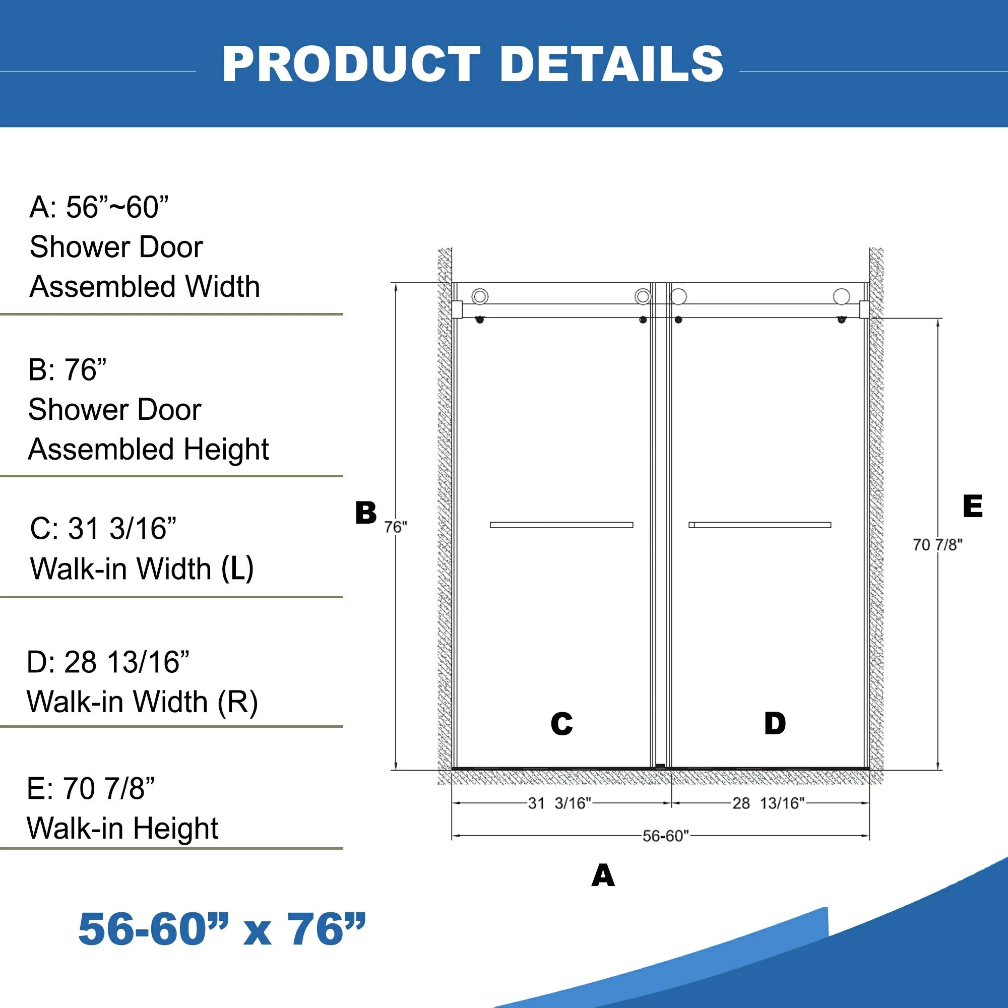 Frameless Double Sliding Shower Door 56–60" x 76", 10mm SGCC Clear Tempered Glass, Matte Black, With Buffer - Luciddepot