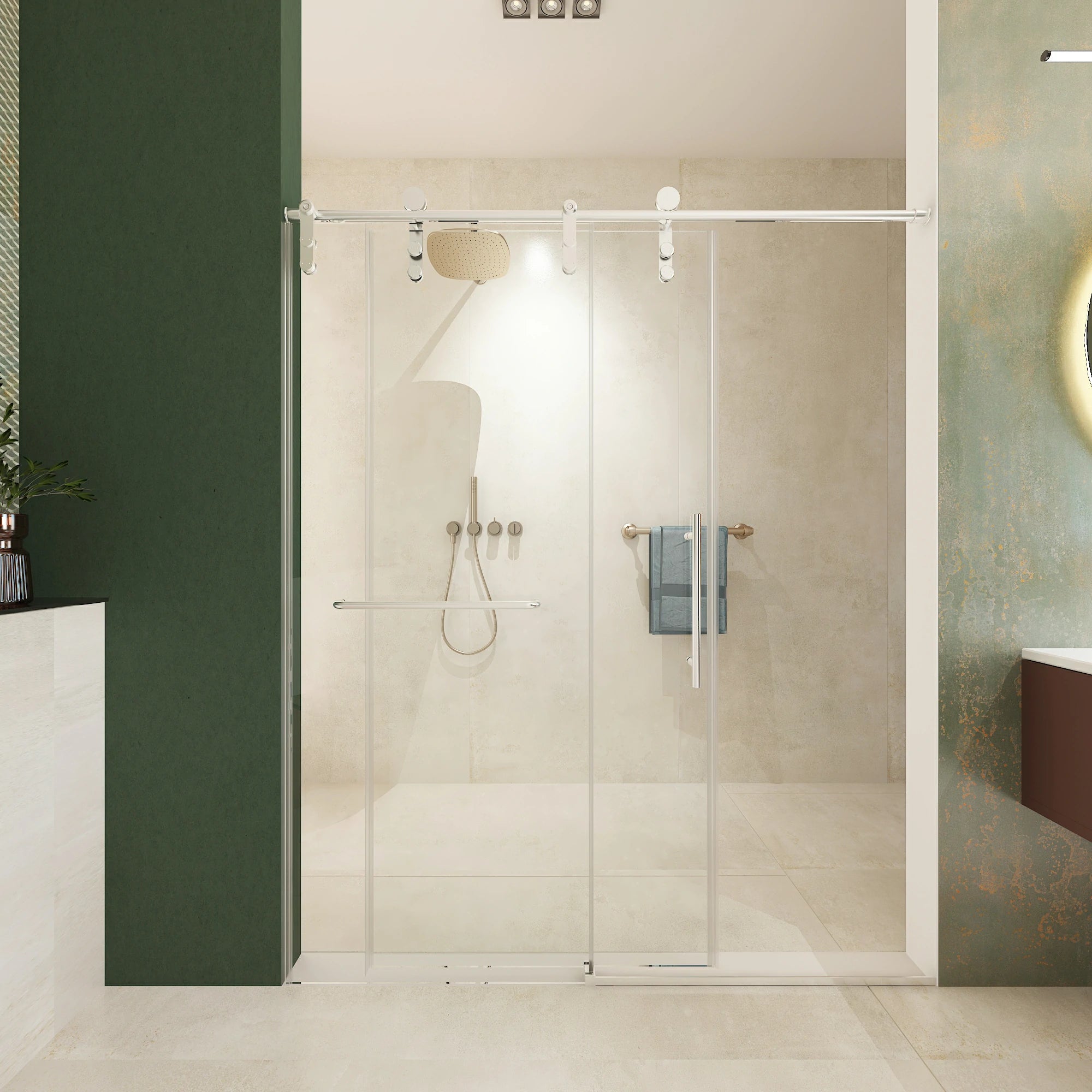 Frameless Double Sliding Shower Door 56"-60"W x 76"H, 8mm SGCC Clear Tempered Glass, Brushed Nickel Finished With Buffer - Luciddepot