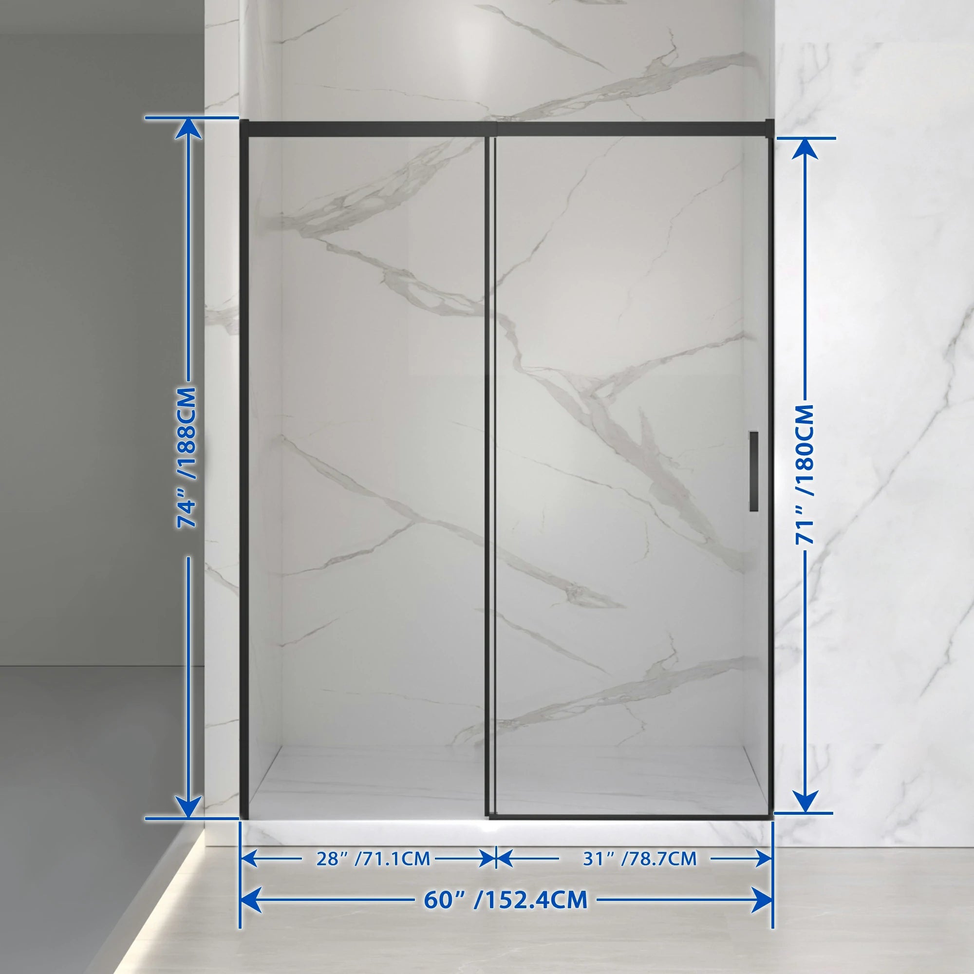 Frameless Sliding Shower Door 56"-60"W x 74"H, 6mm Thick SGCC Clear Tempered Glass, Matte Black Finished - Luciddepot