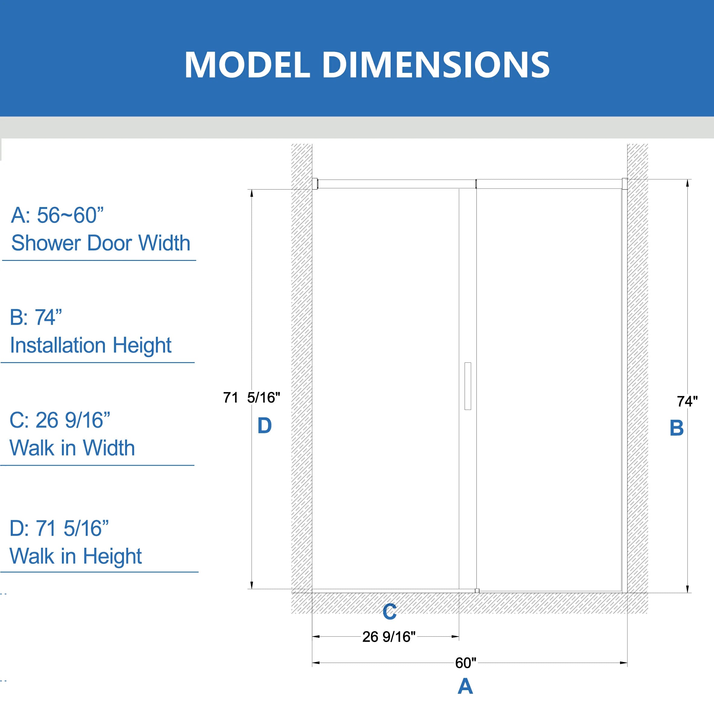 Frameless Sliding Shower Door 56"-60"W x 74"H, 6mm Thick SGCC Clear Tempered Glass, Matte Black Finished - Luciddepot