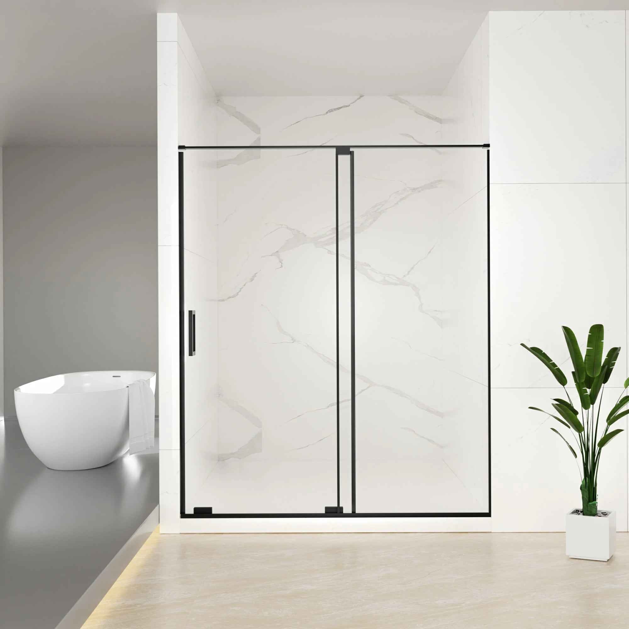Semi-Frameless Sliding Shower Door 56"-60"W x 72"H, 8mm Thick SGCC Clear Tempered Glass, Matte Black Finished - Luciddepot