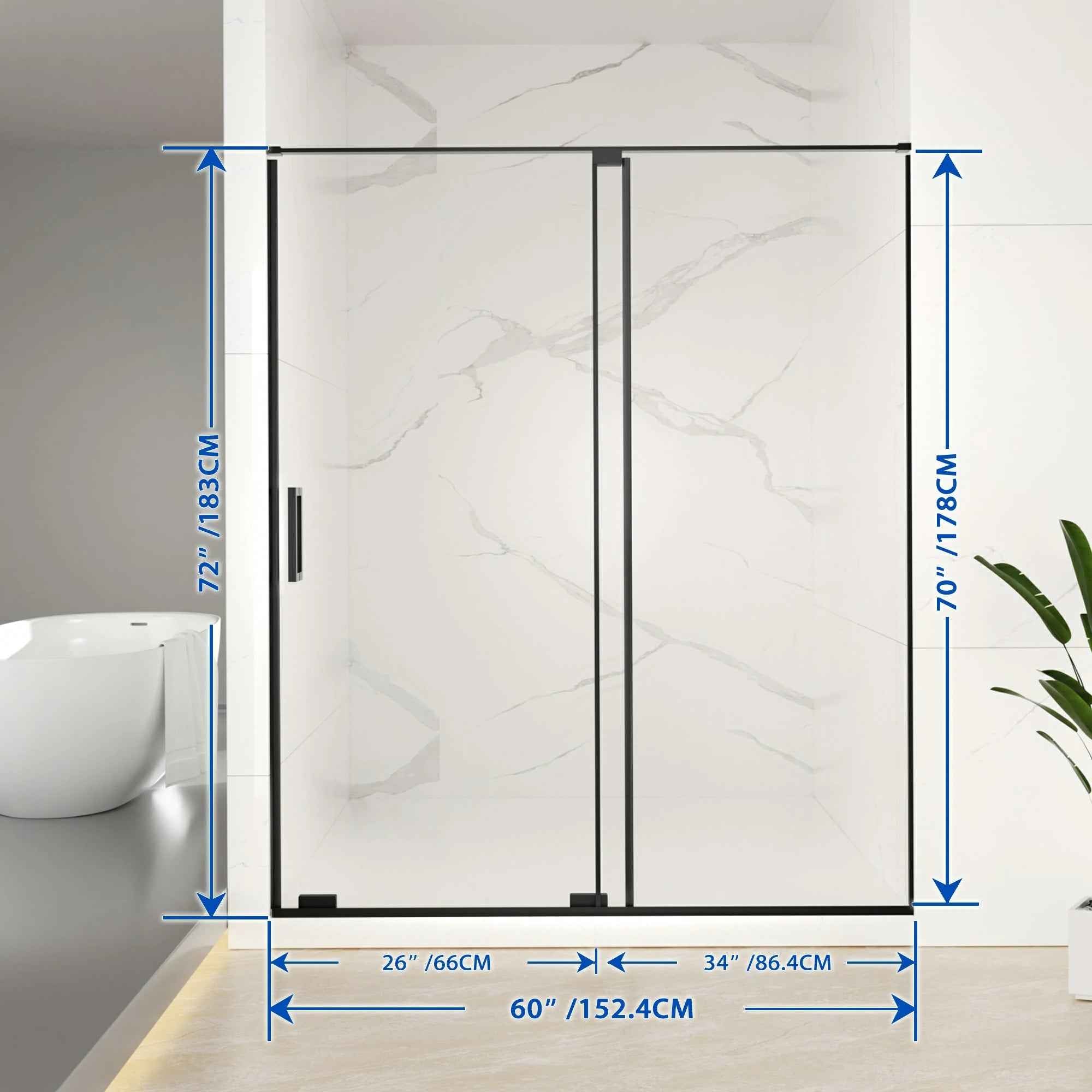 Semi-Frameless Sliding Shower Door 56"-60"W x 72"H, 8mm Thick SGCC Clear Tempered Glass, Matte Black Finished - Luciddepot