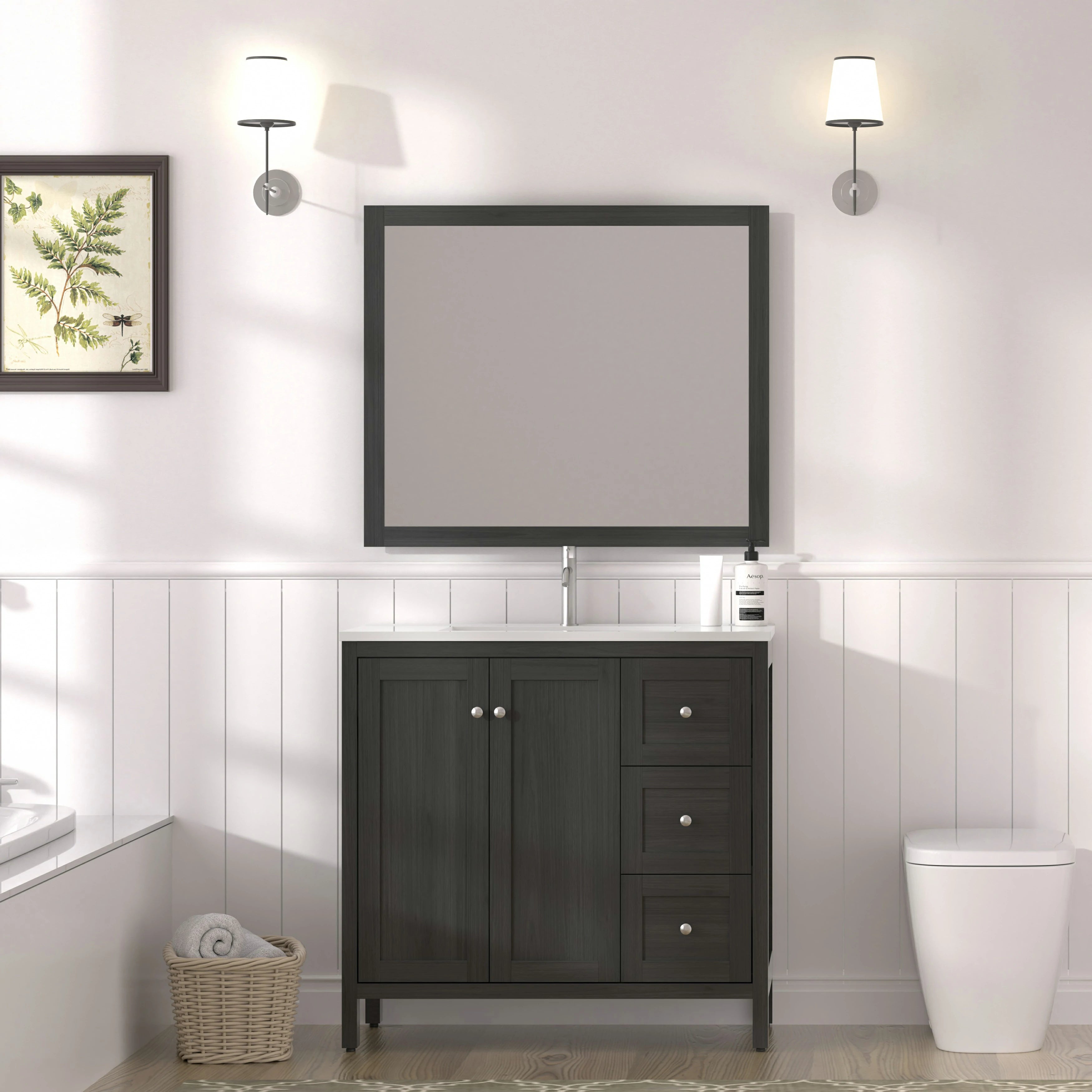 35.5" Modern Bathroom Cabinet with Basin and 3 Drawers, Munich Black - Luciddepo