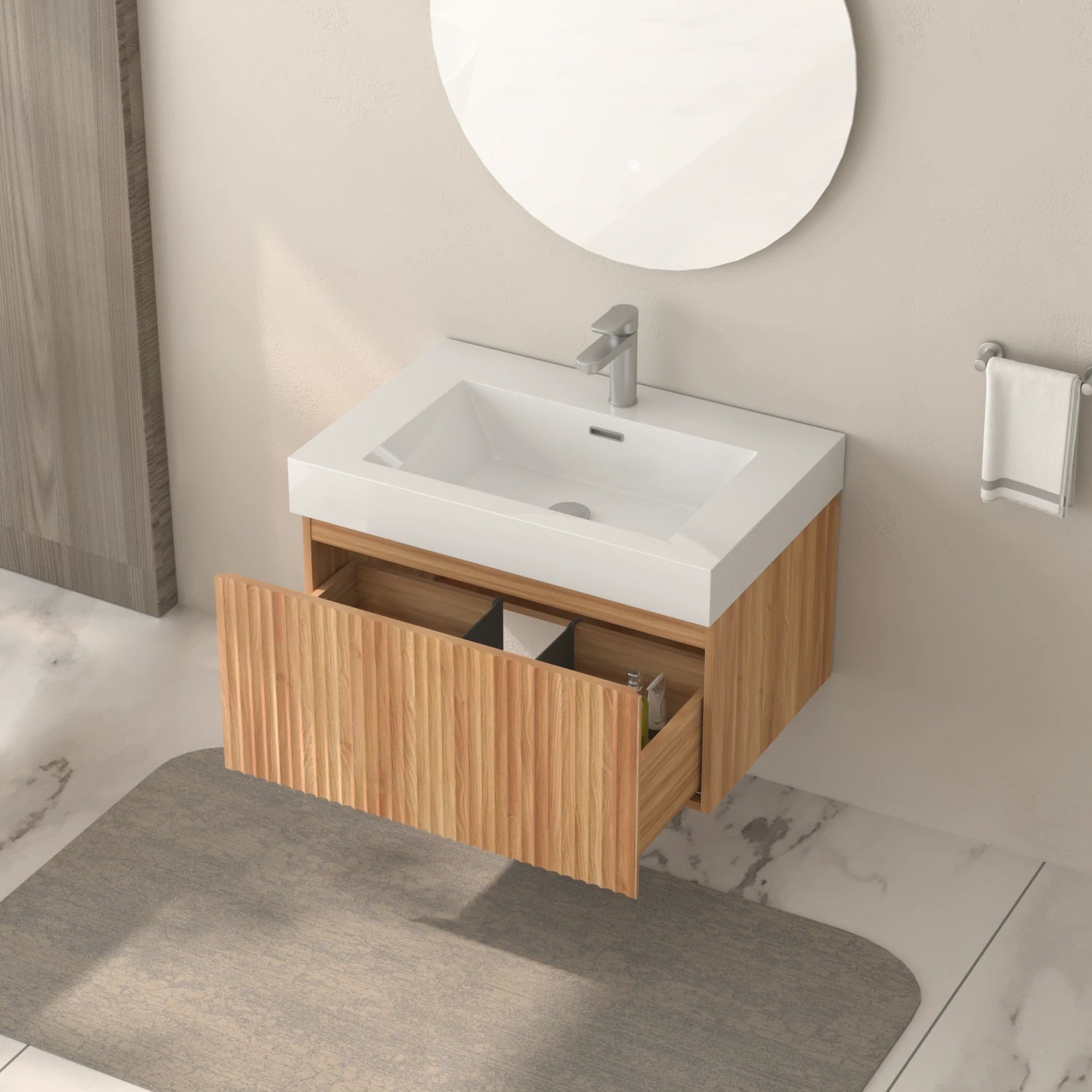 30" Stripe Bathroom Vanity with Integrated Basin, Acacia Color - Luciddepo