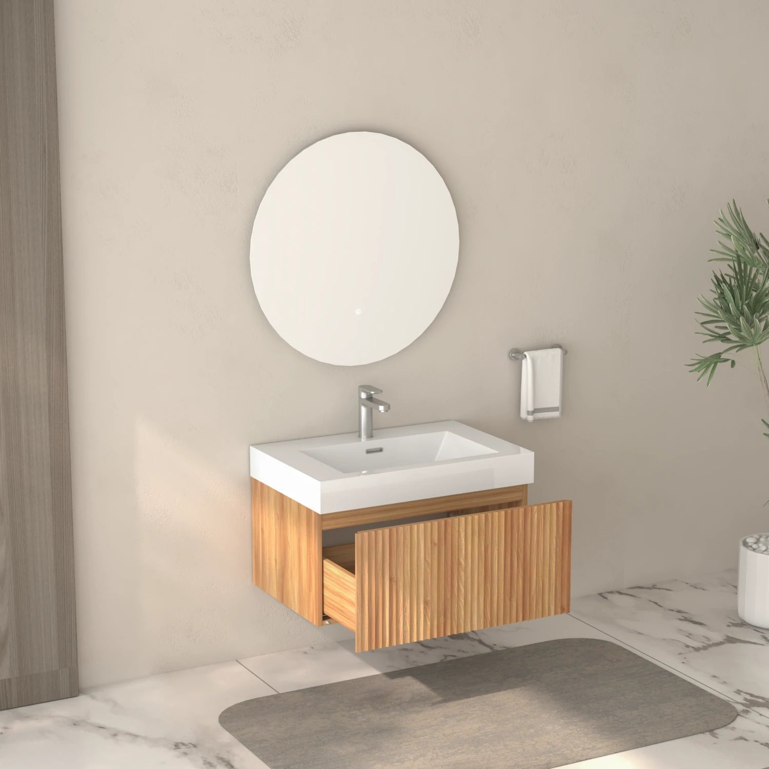 30" Stripe Bathroom Vanity with Integrated Basin, Acacia Color - Luciddepo