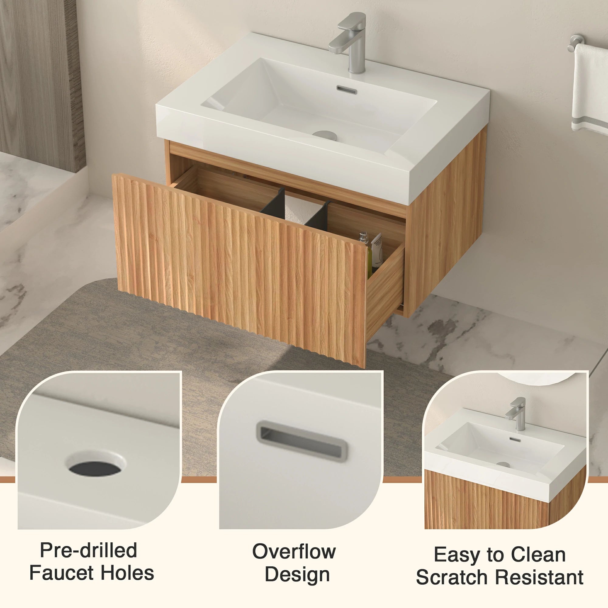 30" Stripe Bathroom Vanity with Integrated Basin, Acacia Color - Luciddepo