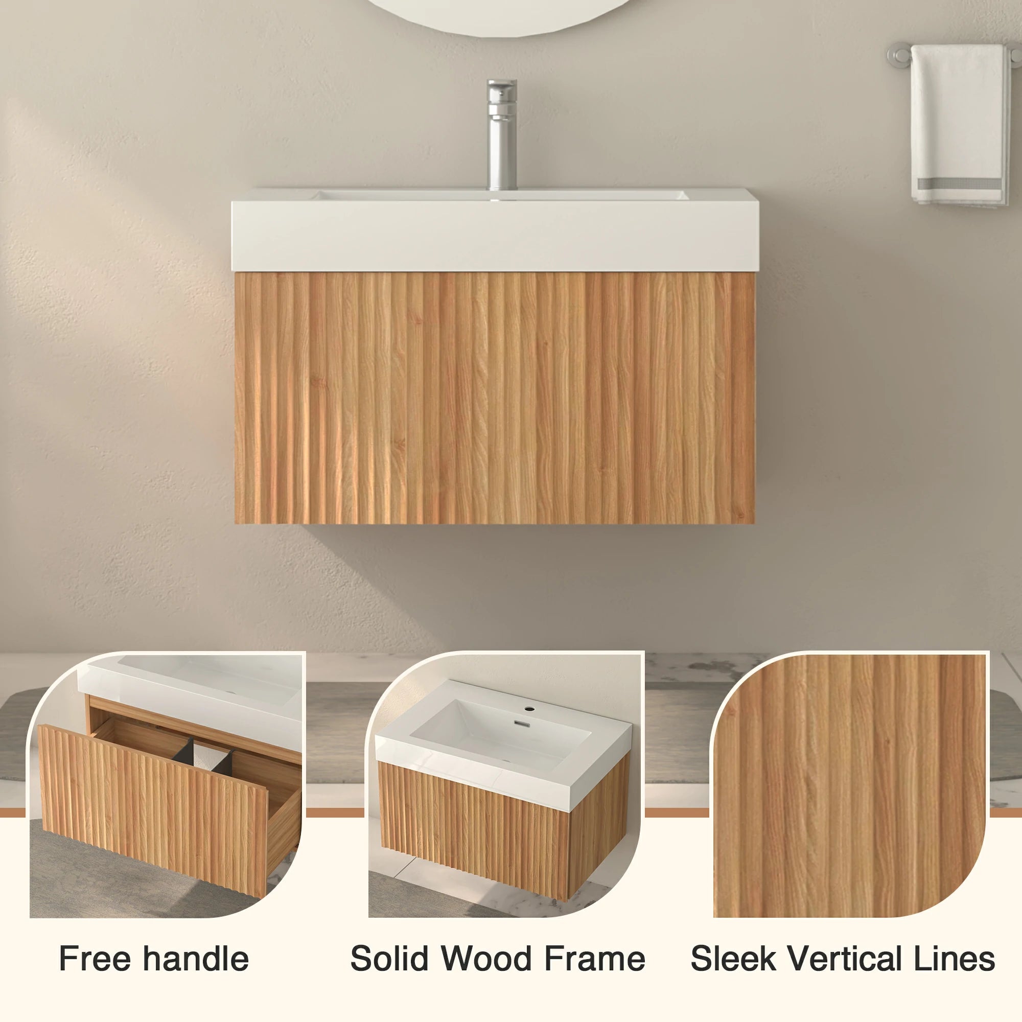 30" Stripe Bathroom Vanity with Integrated Basin, Acacia Color - Luciddepo