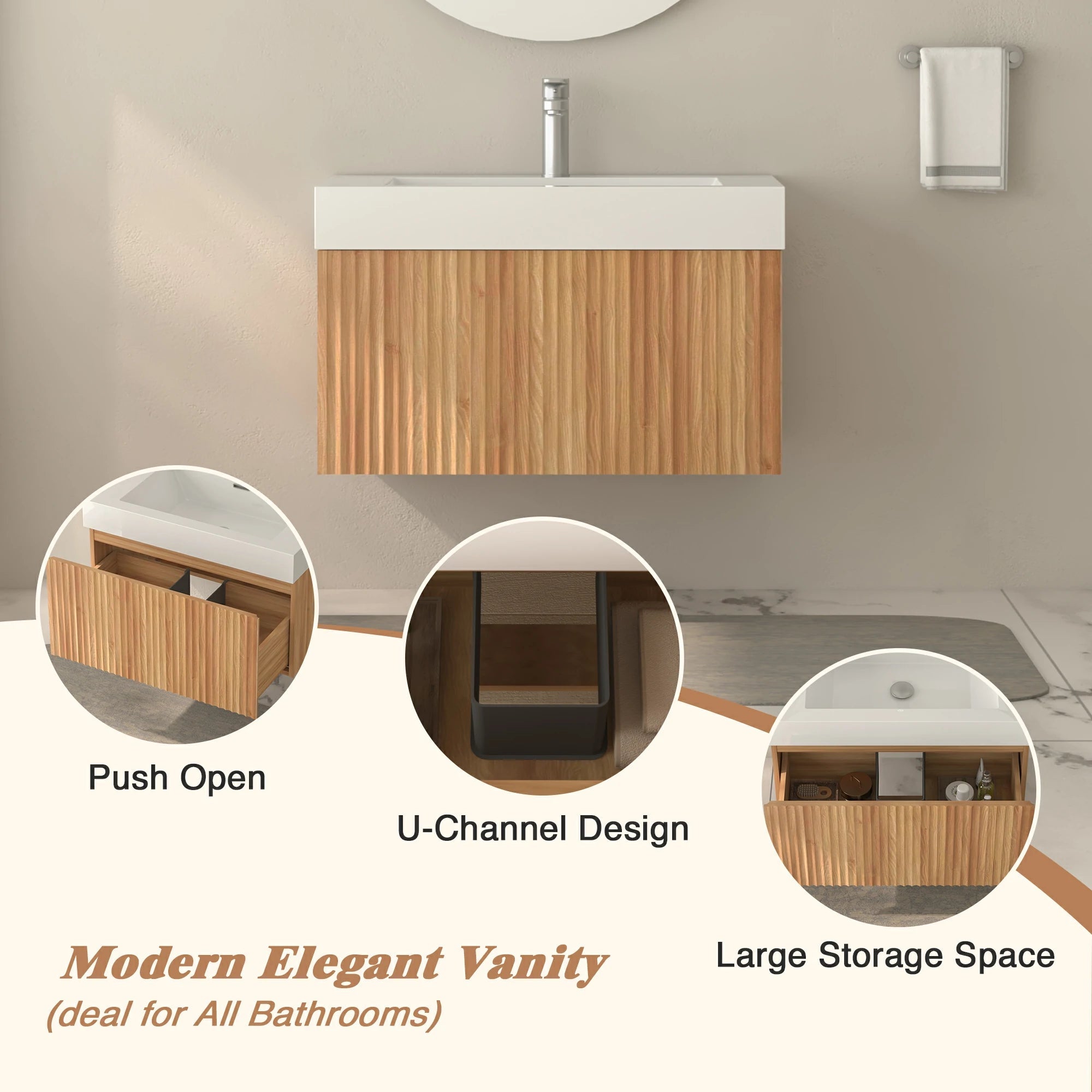 30" Stripe Bathroom Vanity with Integrated Basin, Acacia Color - Luciddepo