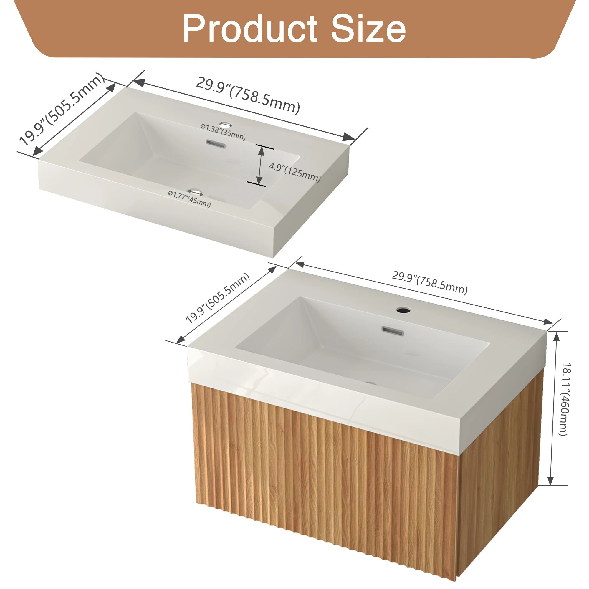30" Stripe Bathroom Vanity with Integrated Basin, Acacia Color - Luciddepo