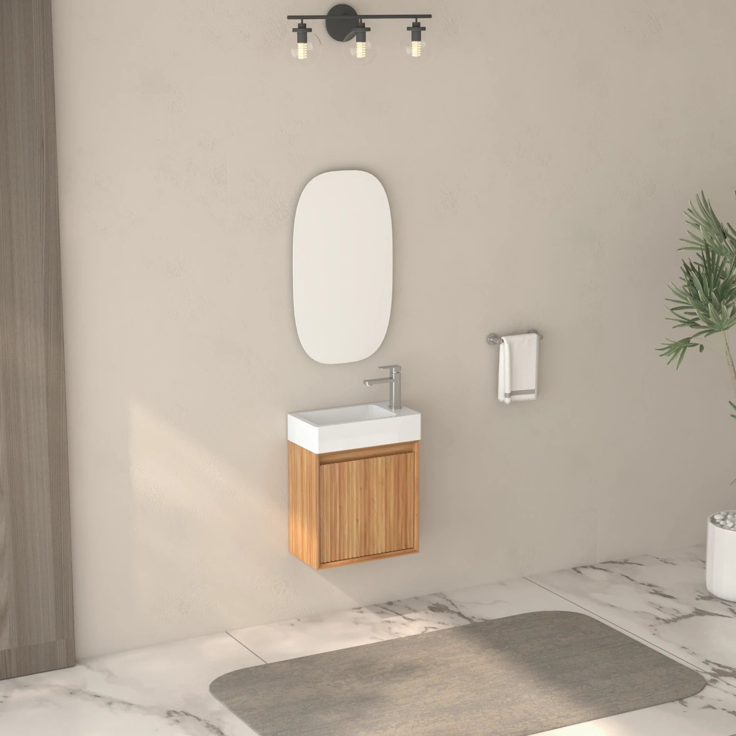 16" Small Wall Mounted Bathroom Vanity, with White SMC Resin Basin, Acacia Solid Wood Color - Luciddepo