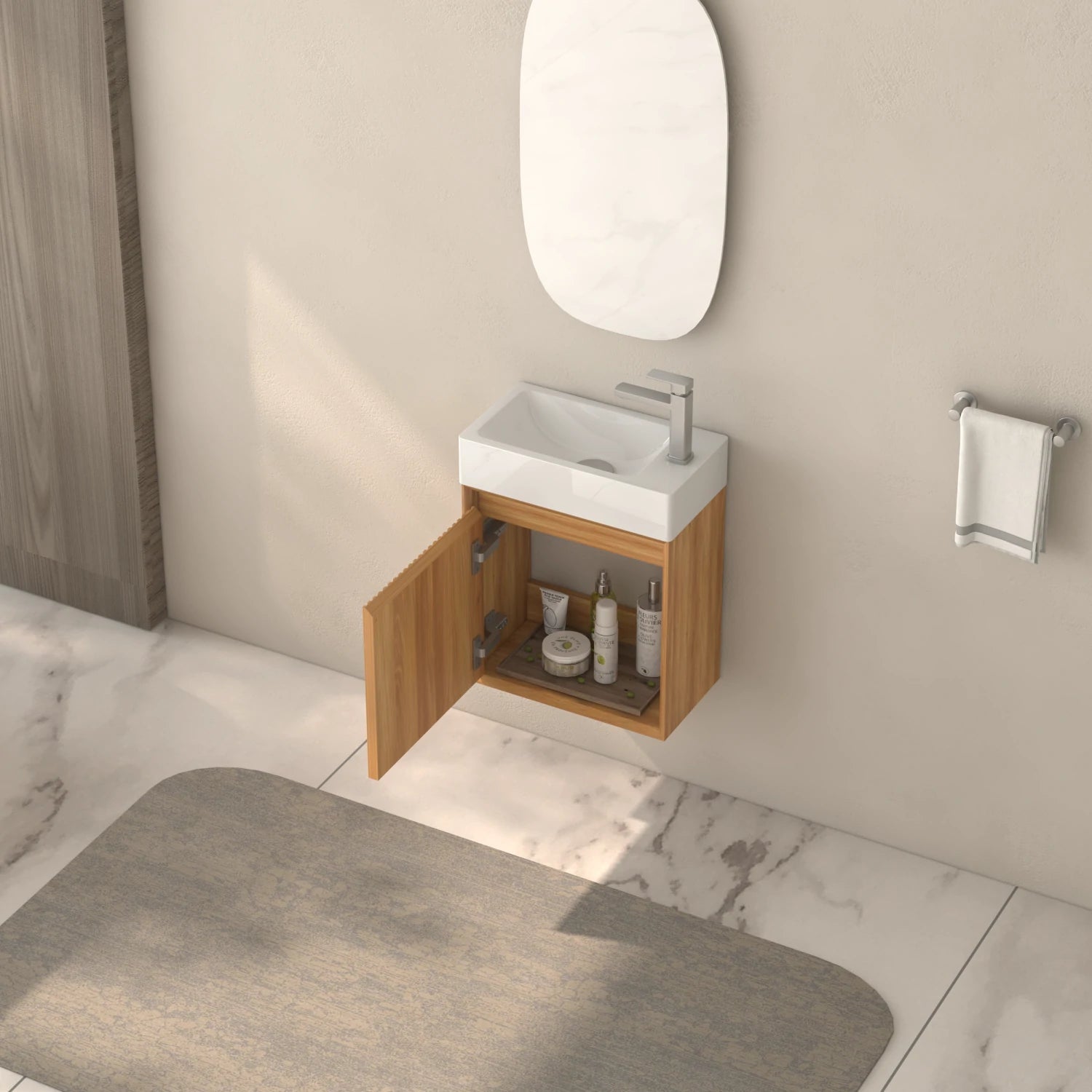 16" Small Wall Mounted Bathroom Vanity, with White SMC Resin Basin, Acacia Solid Wood Color - Luciddepo