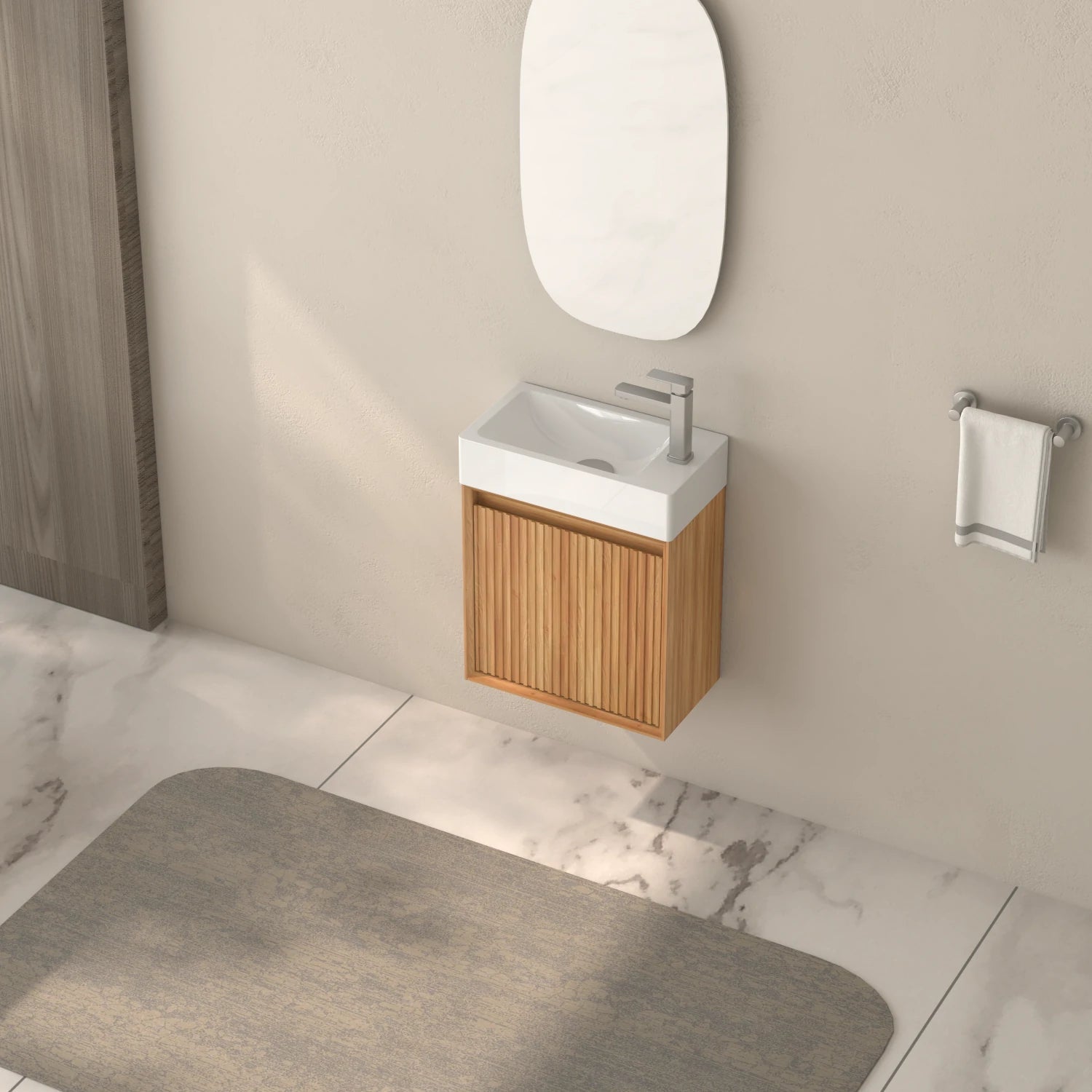 16" Small Wall Mounted Bathroom Vanity, with White SMC Resin Basin, Acacia Solid Wood Color - Luciddepo
