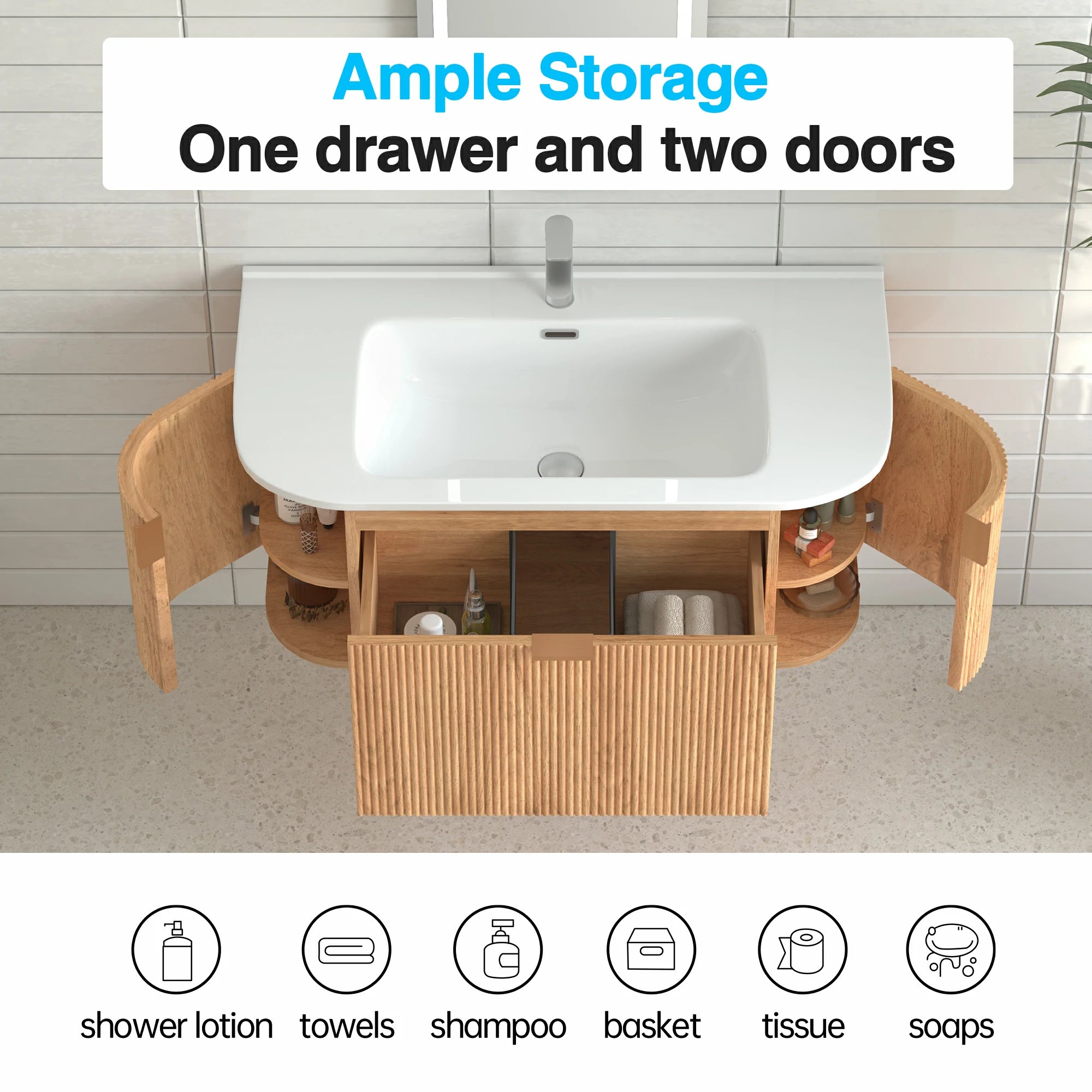 36" Wall-Mounted Bathroom Vanity Pre-Assembled in Natural Walnut Color with White Ceramic Basin - Luciddepo