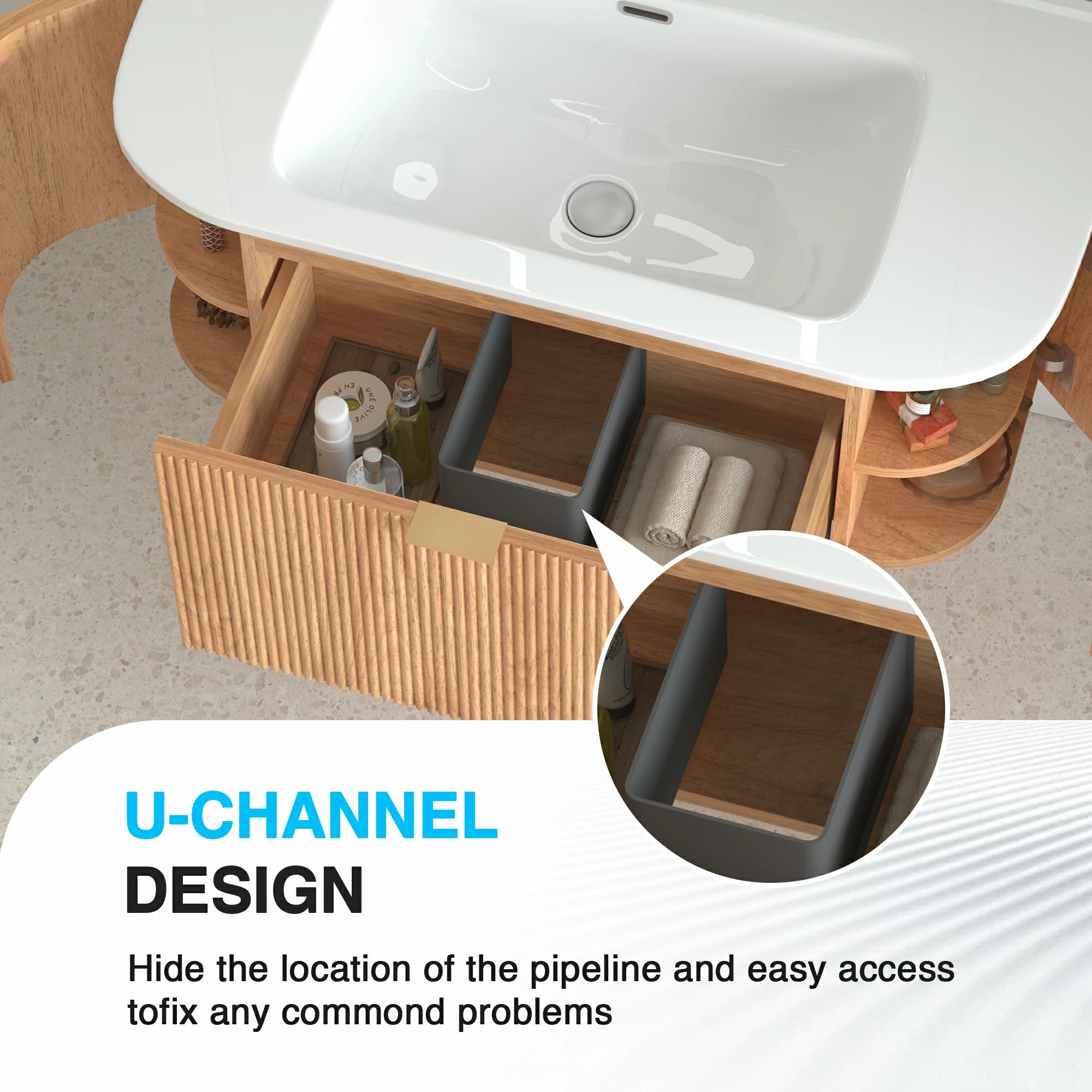 36" Wall-Mounted Bathroom Vanity Pre-Assembled in Natural Walnut Color with White Ceramic Basin - Luciddepo