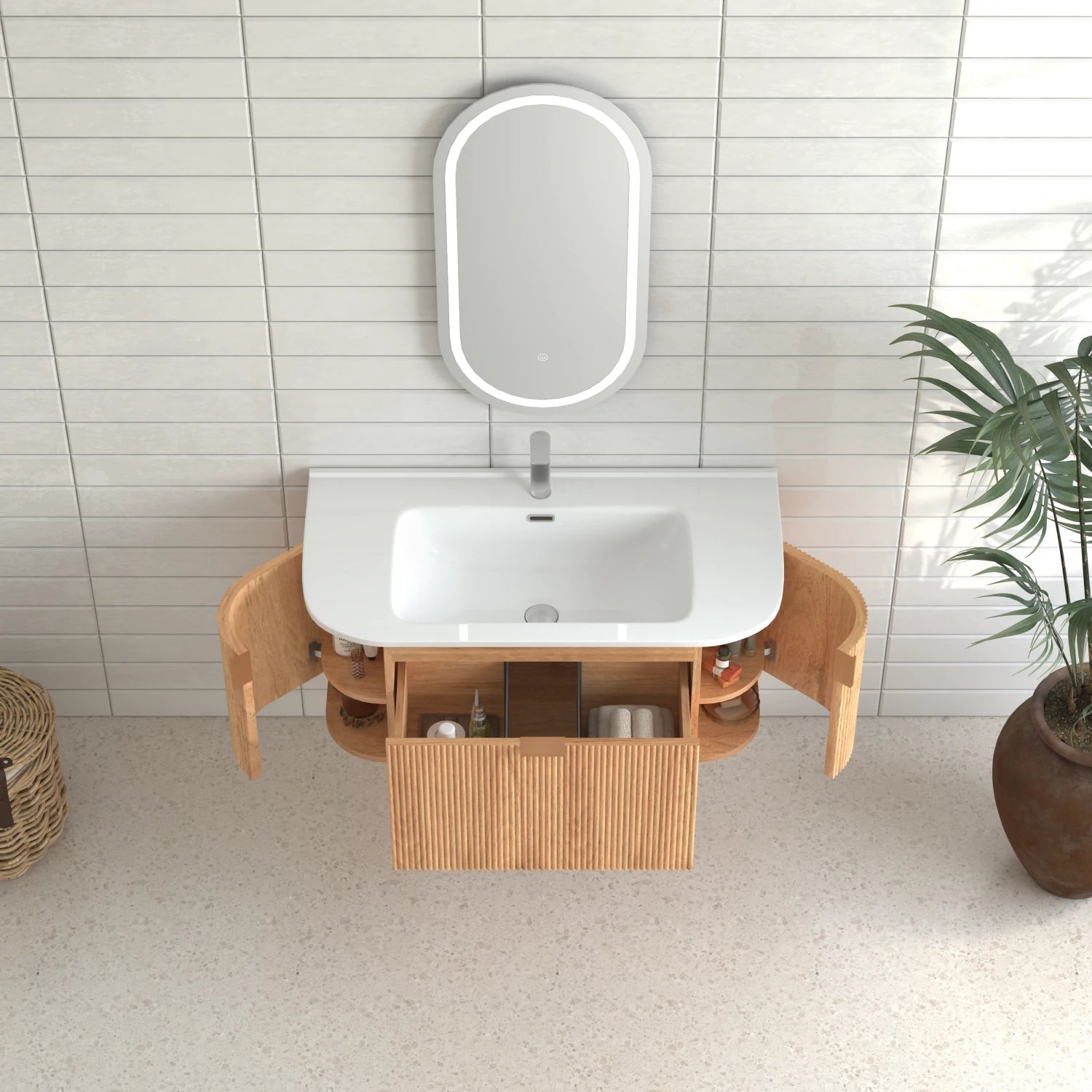 36" Wall-Mounted Bathroom Vanity Pre-Assembled in Natural Walnut Color with White Ceramic Basin - Luciddepo