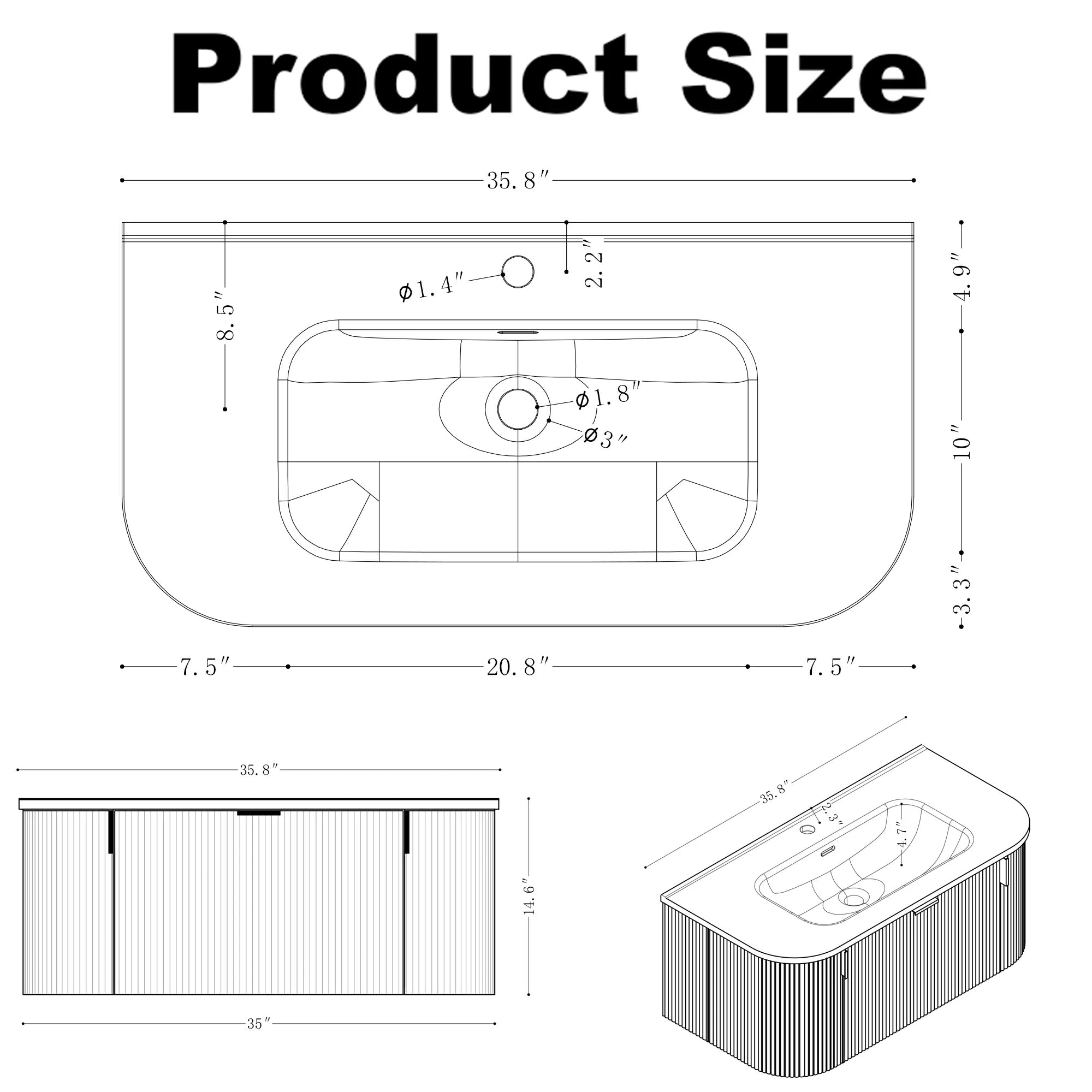 36" Wall-Mounted Bathroom Vanity Pre-Assembled in Natural Walnut Color with White Ceramic Basin - Luciddepo