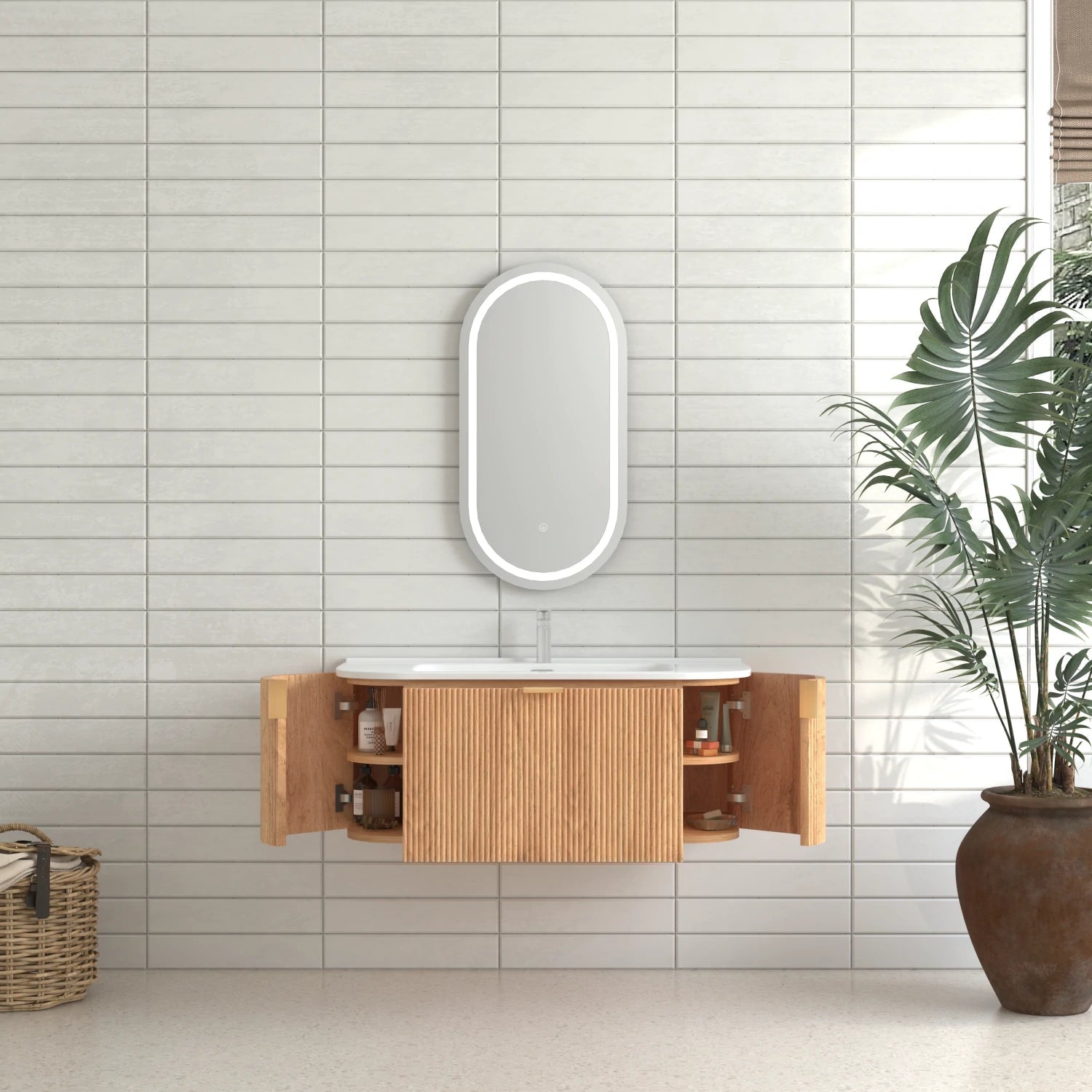36" Wall-Mounted Bathroom Vanity Pre-Assembled in Natural Walnut Color with White Ceramic Basin - Luciddepo