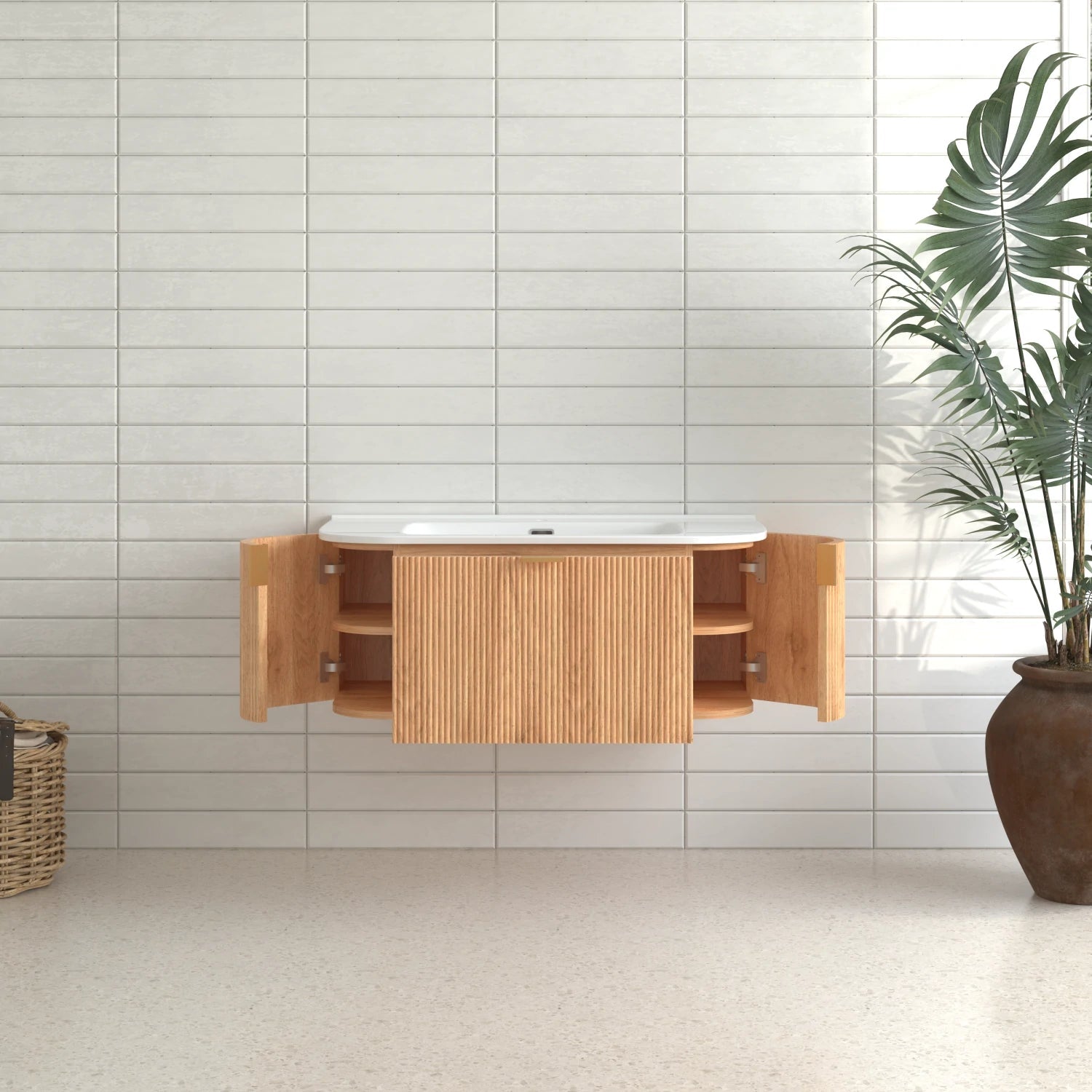 36" Wall-Mounted Bathroom Vanity Pre-Assembled in Natural Walnut Color with White Ceramic Basin - Luciddepo