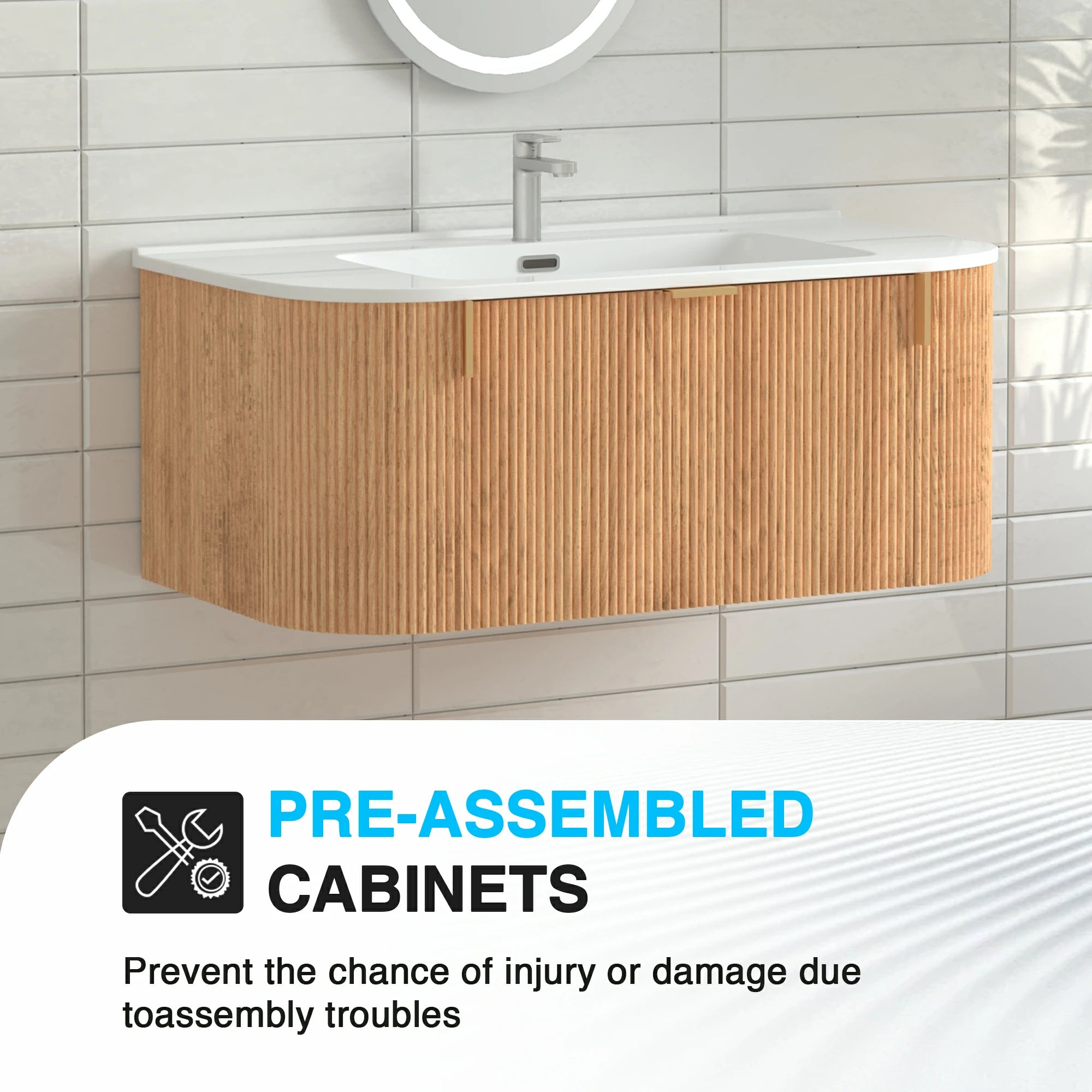 36" Wall-Mounted Bathroom Vanity Pre-Assembled in Natural Walnut Color with White Ceramic Basin - Luciddepo