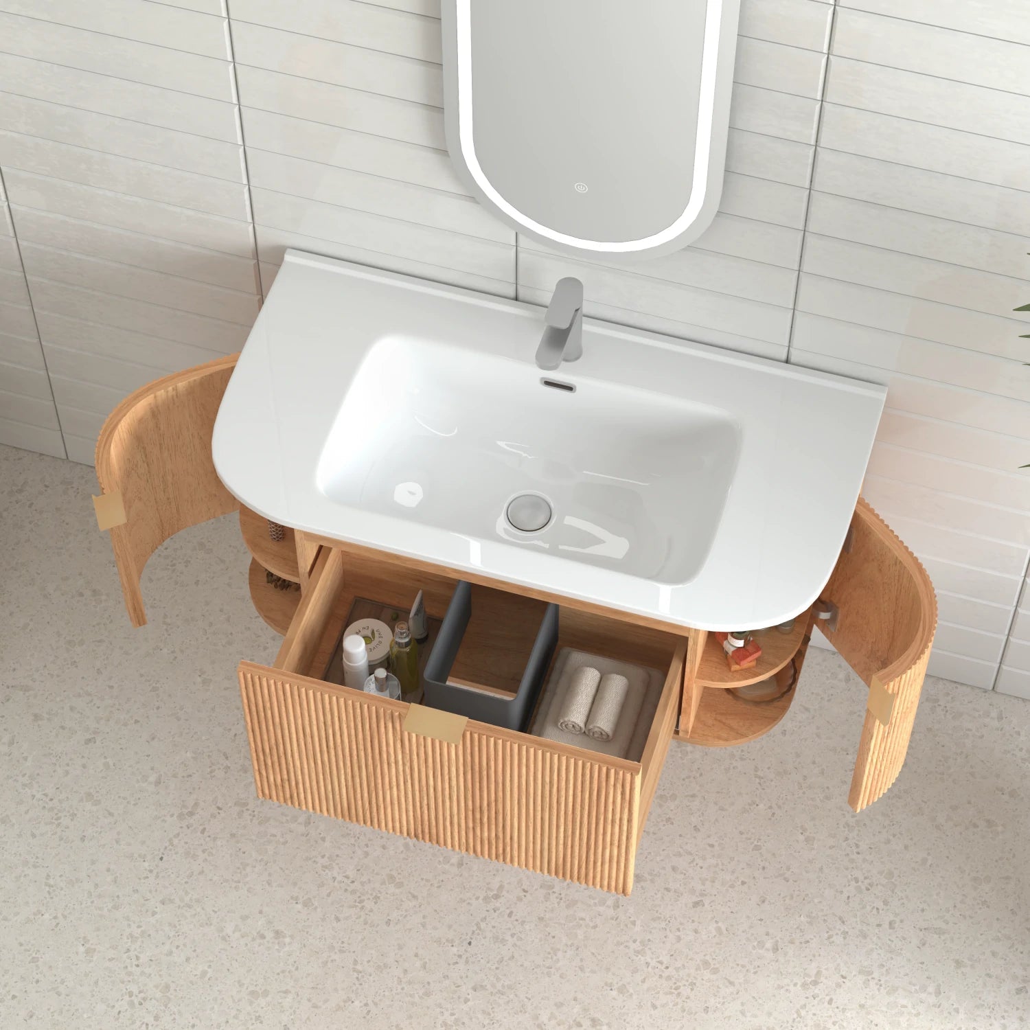 36" Wall-Mounted Bathroom Vanity Pre-Assembled in Natural Walnut Color with White Ceramic Basin - Luciddepo