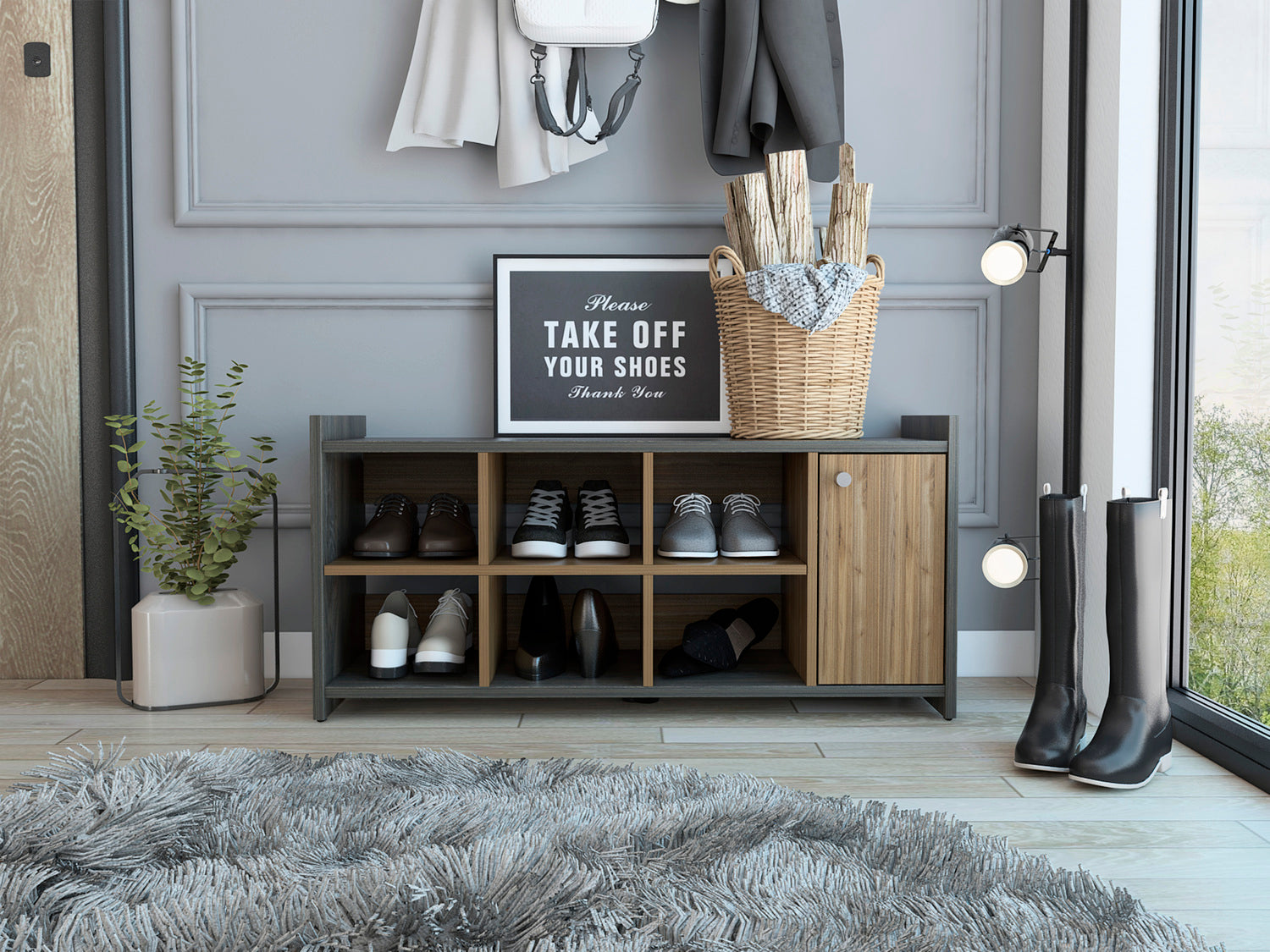 Modena Entryway Storage Unit Single Door, Six Cubbies, Six Shoes Capacity, Carbon Espresso / Mahogany - Luciddepo