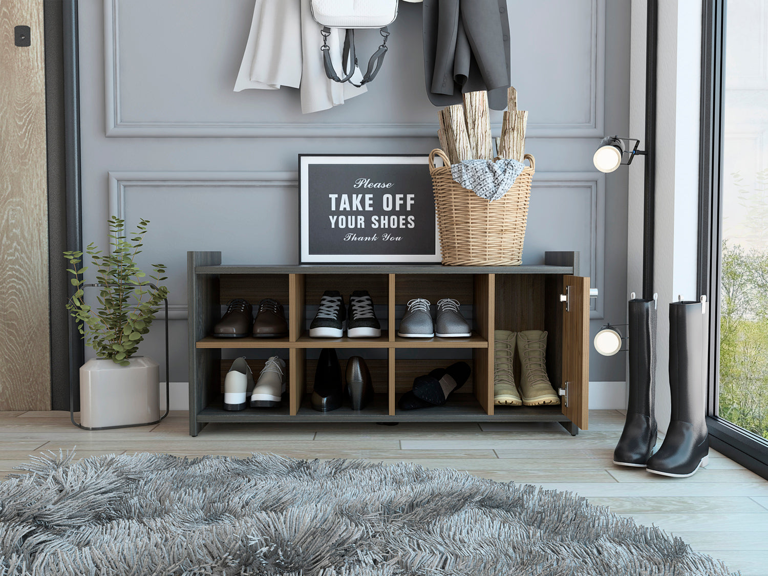 Modena Entryway Storage Unit Single Door, Six Cubbies, Six Shoes Capacity, Carbon Espresso / Mahogany - Luciddepo