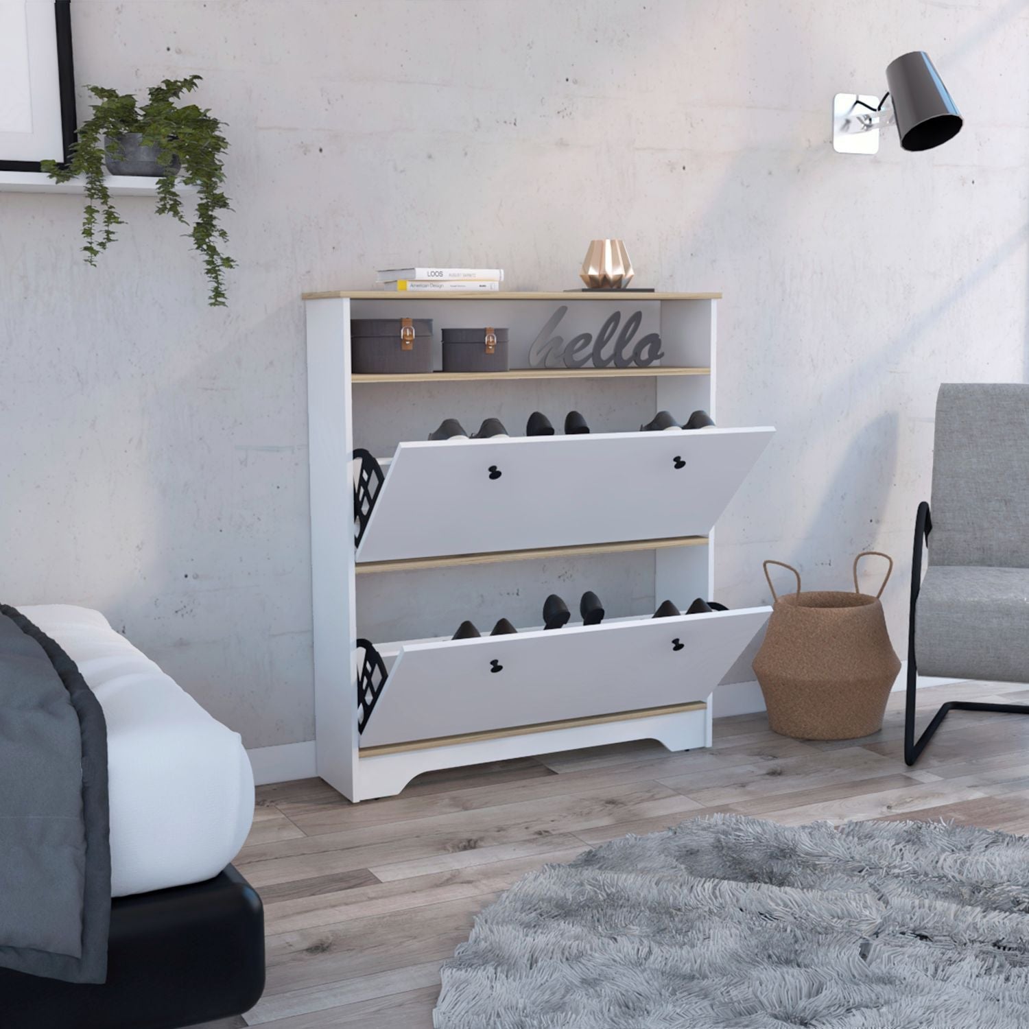 Wayne Shoe Rack, One Open Shelf, Superior Top, Light Oak / White - Luciddepo