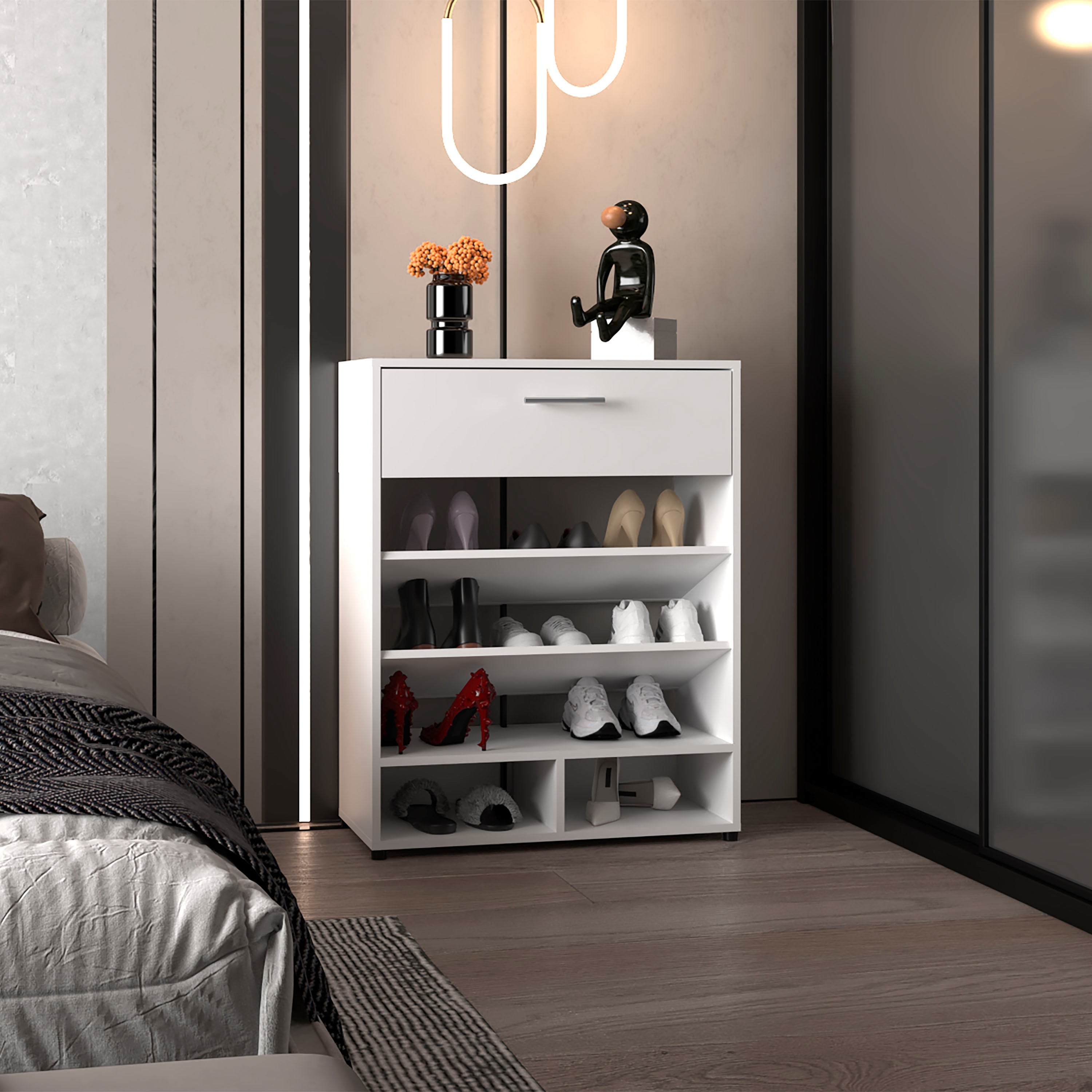 Kearns Shoe Rack, 1 Door, 4 Legs, 5 Shelves, White - Luciddepo