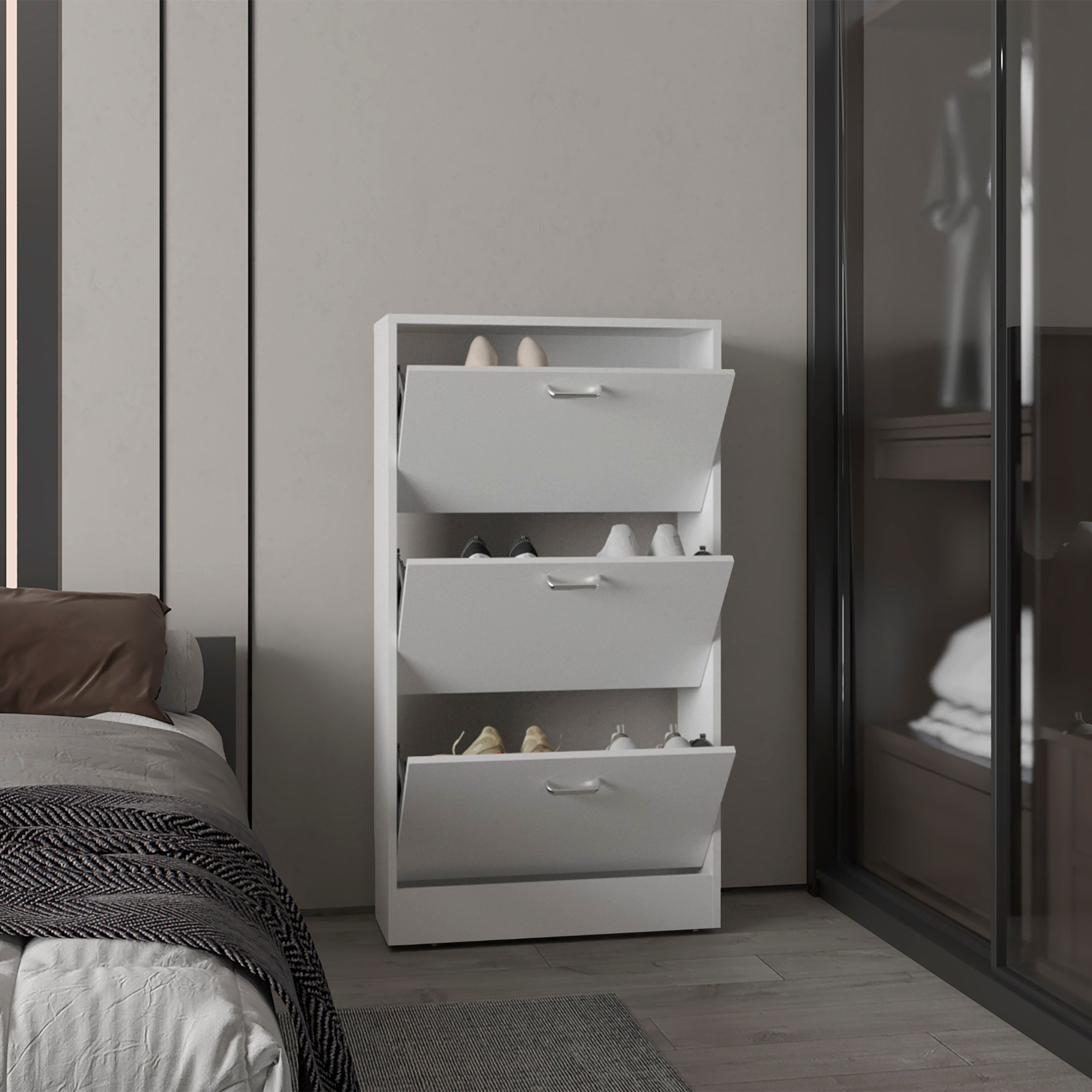 Crocker Shoe Rack, 3 Doors, 3 Shelves, White - Luciddepo